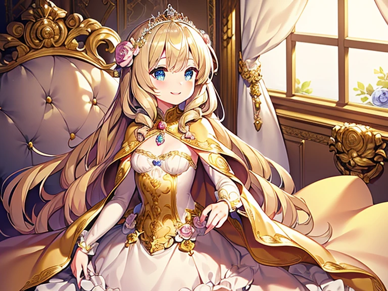 (kawaii),(best quality),(ultra detailed),(rococo style),(long train beige cape:1.15), very long cape,(long train beige ball gown with flower decorations), a girl is wearing a cape over her gown, 1 little princess, tiara with blue jewelry, smile, very long hair, small breasts, beautiful detailed eyes, beautiful detailed lips