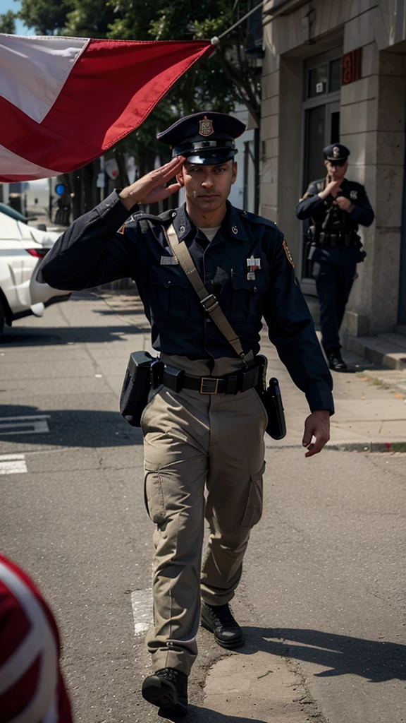 Make a soldier who doesn't have both hand and bleeding blood from hand and salute high officer 