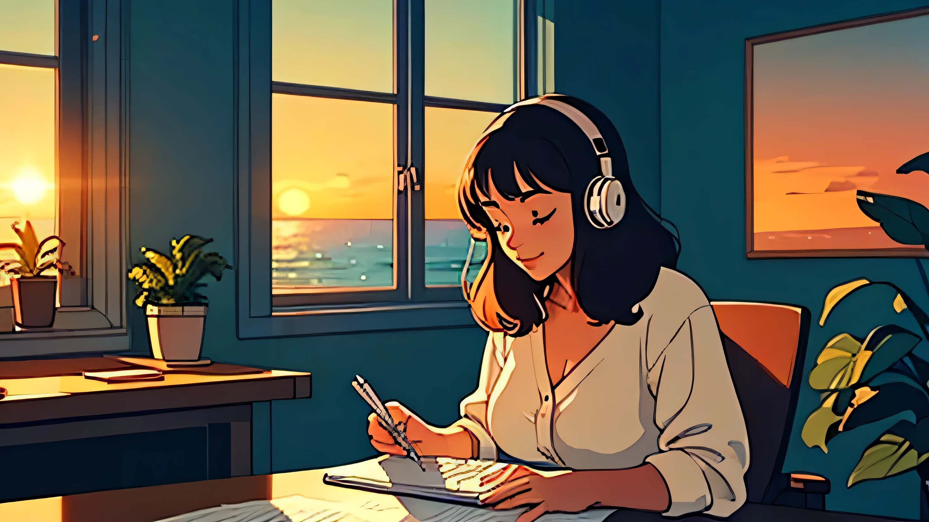 a beautiful woman sitting at her desk studying with papers besides and listening to music with headphones and typing on her computer on her desk with beautiful candles on her desk and plants at background Lo-fi A beautiful sunset in the large window　Ocean　Beach