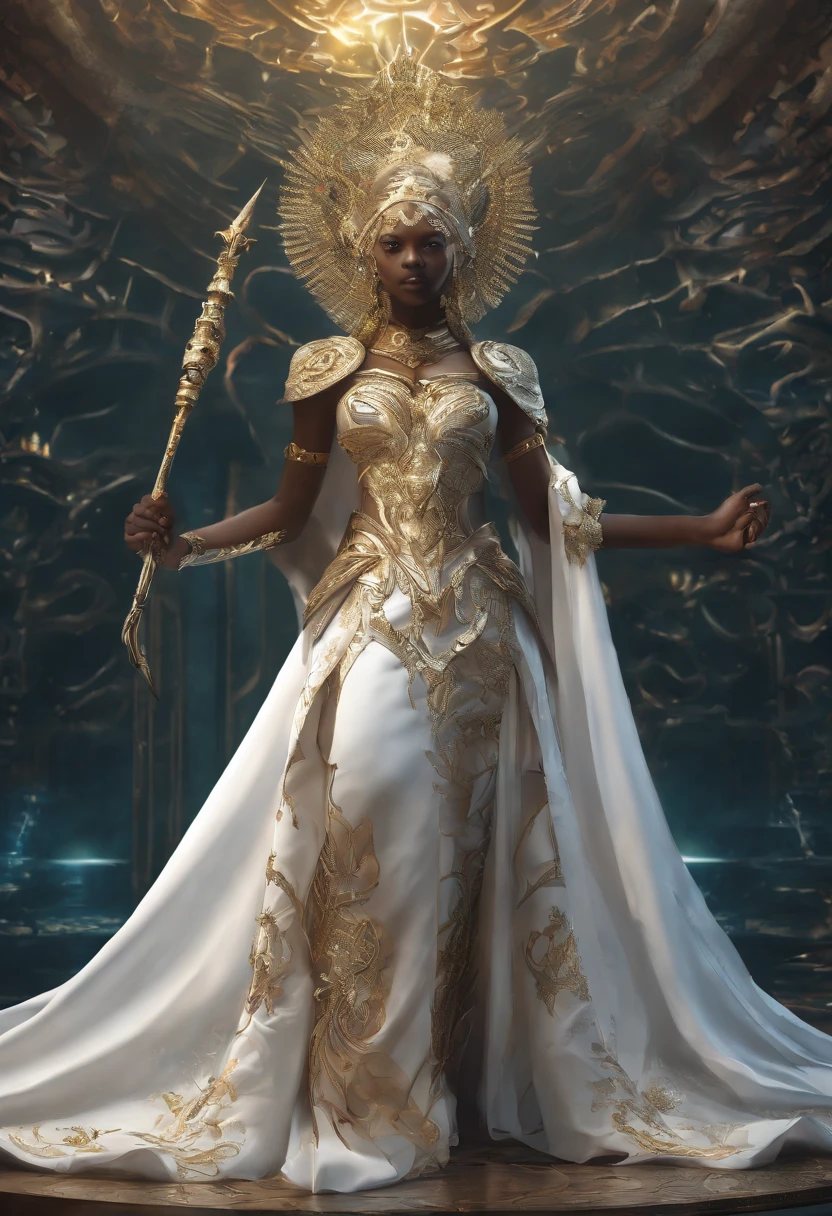 Movie scene, pale androgynous guardian angel, afrofuturistic makeup, with bold metallic shadows and intricate patterns that are inspired by African art and science fiction), sad face, tears streaming down his face, white hair with golden tiara, sitting in a window looking out the street where shapeless specters pass, above their head a blue-green halo, large breasts, cloak ((extremely detailed 8K white robe in long embroidered silk and long red silk clothes and dresses with gold details: 1.2, large neckline) ), royal golden details, mystical symbols)
,(best quality, 4k, high resolution: 1.2), ultra-detailed, realistic: 1.37, breasts (large, large, XL), (highly detailed: 1.28, distorted undead in the background, lens flares , face (attractive, clean and beautiful, pure, clean and beautiful, attractive, half-seductive smile, slightly open mouth), skin (pale, shiny, delicate pattern), absurdly long hair, body (slender, slender), red eyes, narrow waist, African deity, with sword, looking at the viewer, posture (seductive, sexy), intricate details, (rich: 1.4), (Chinese 8K extremely detailed: 1.2), Light wells, Highly detailed, volumetric lighting , 4k rendering, photo, hyperrealistic, Realistic textures, dramatic lighting, unreal engine, fashion:1.3, art:1.4, Inspiration:1.2, Afrofuturism, attention to detail (important)