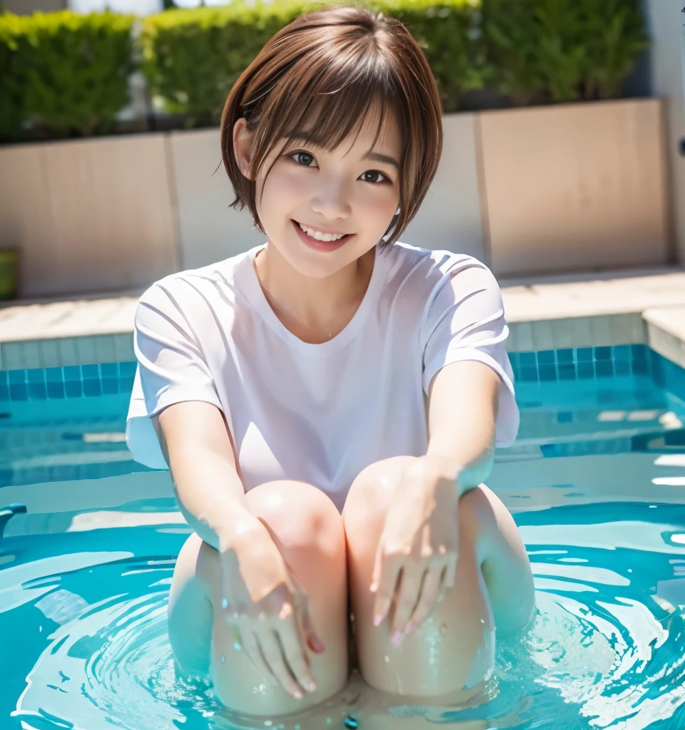 highest quality、8k、Ultra-high resolution、masterpiece、Detailed Photos、Realistic、Professional Lighting、smile、Very cute girl、Gentle features、Baby Face、No makeup、slender、Very short bob hair、Brown Hair、whiteＴWearing a shirt:1.8、Soaking wet:1.6、Head to knee photo:1.8、Indoor swimming pool、Trying to swim:1.8