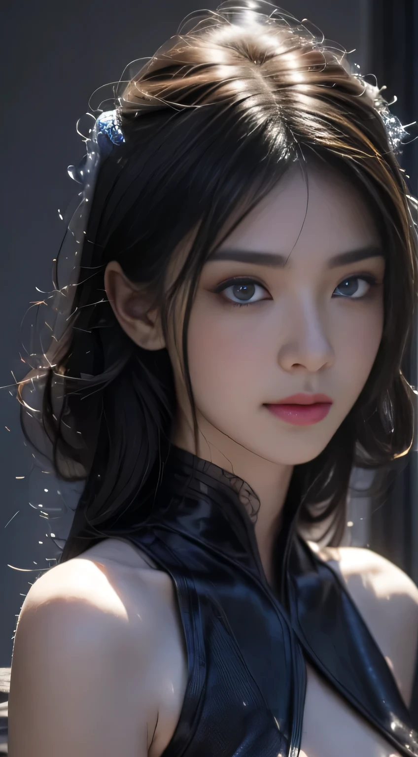 Black Hair, Hair shaking, victory, Long eyelashes, Solid round eye, A faint smile, ears red, direction, Surrealism, shadow, Relief, Stereogram, Standing picture, View, Atmospheric perspective, 8k, super detail, precise, best quality，complete picture, Seven-hit shooting, 18 years old, Wearing transparent sci-fi clothes, Delicate face, detail, hand, ultimate detail, Stunning magnificence, LED Interior Lighting, Pedepin (fireplace) style, Fiber Hair, Glowing blue iris, Glowing blue iris. ,,