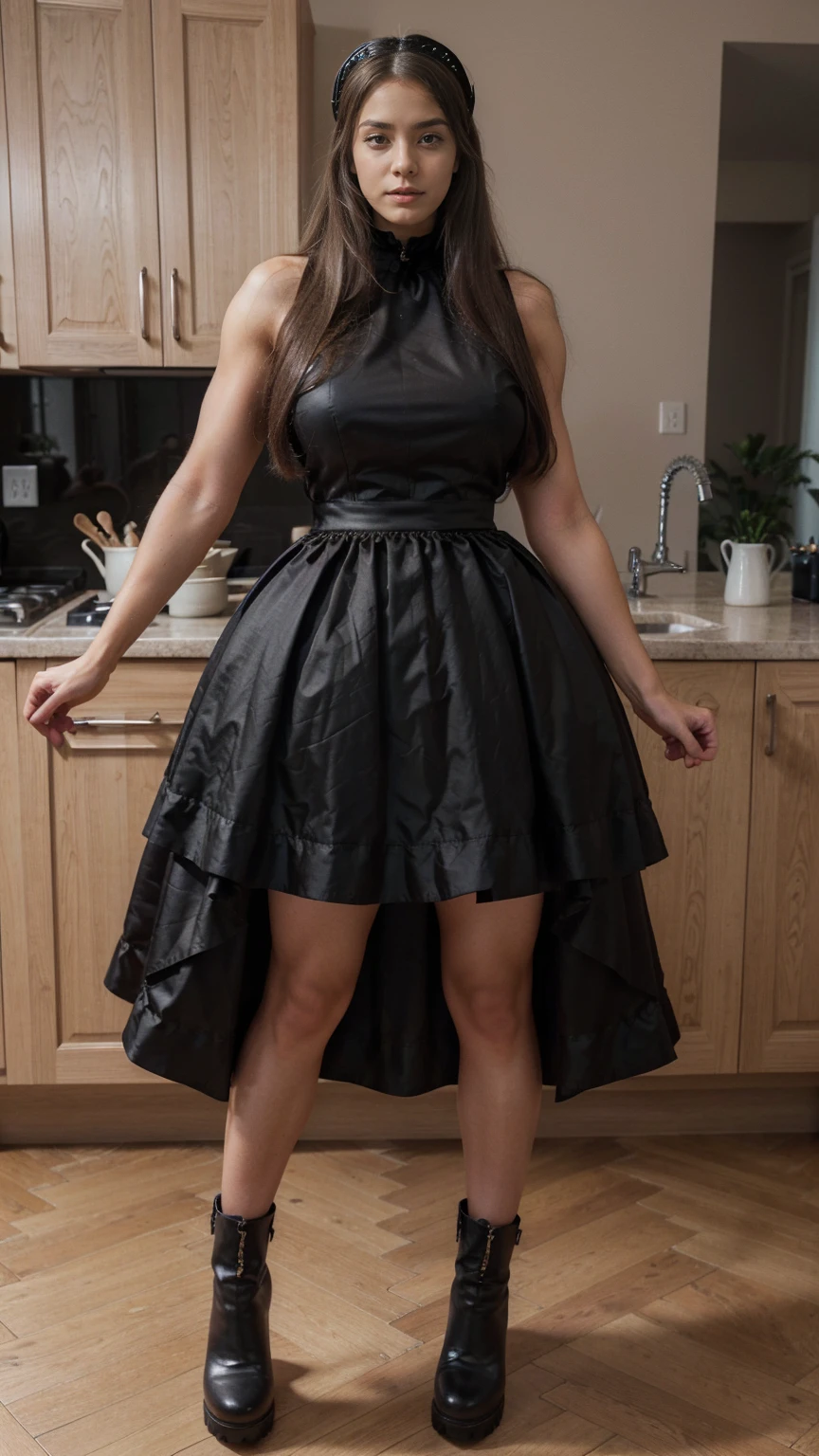 ridiculous,high resolution,Super detailed,Work,Ultra HD,Maid hair accessories,Does not show skin,Extra-long gray hair,Gorgeous high-neck maid dress,Long high collar maid dress,Black platform boots,Does not expose the skin, 1 very tall and strong muscular girl, Very tall and strong,two meters tall,Heavy body,Extremely exaggerated body proportions,Extremely stout and exaggerated,Well-developed limb muscles,Broad shoulders,Extremely exaggerated,Abs are clearly visible,Large wide crotch,Extremely exaggerated huge fat buttocks,Extremely exaggerated long legs,Extra long thick legs,Especially the long legs,kitchen,Skin-tight,Full body photo from head to toe。