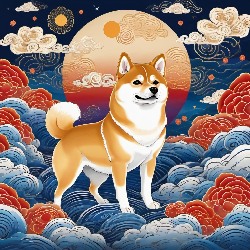 Dunhuang art style illustration,Nine-colored Shiba Inu surrounded by auspicious clouds，Magnificent ,（Shiba Inu shines with stars：1.36） Stand in a lotus pond ,extremely delicate brushstrokes, Soft and smooth, Chinese Red and Indigo, Golden background