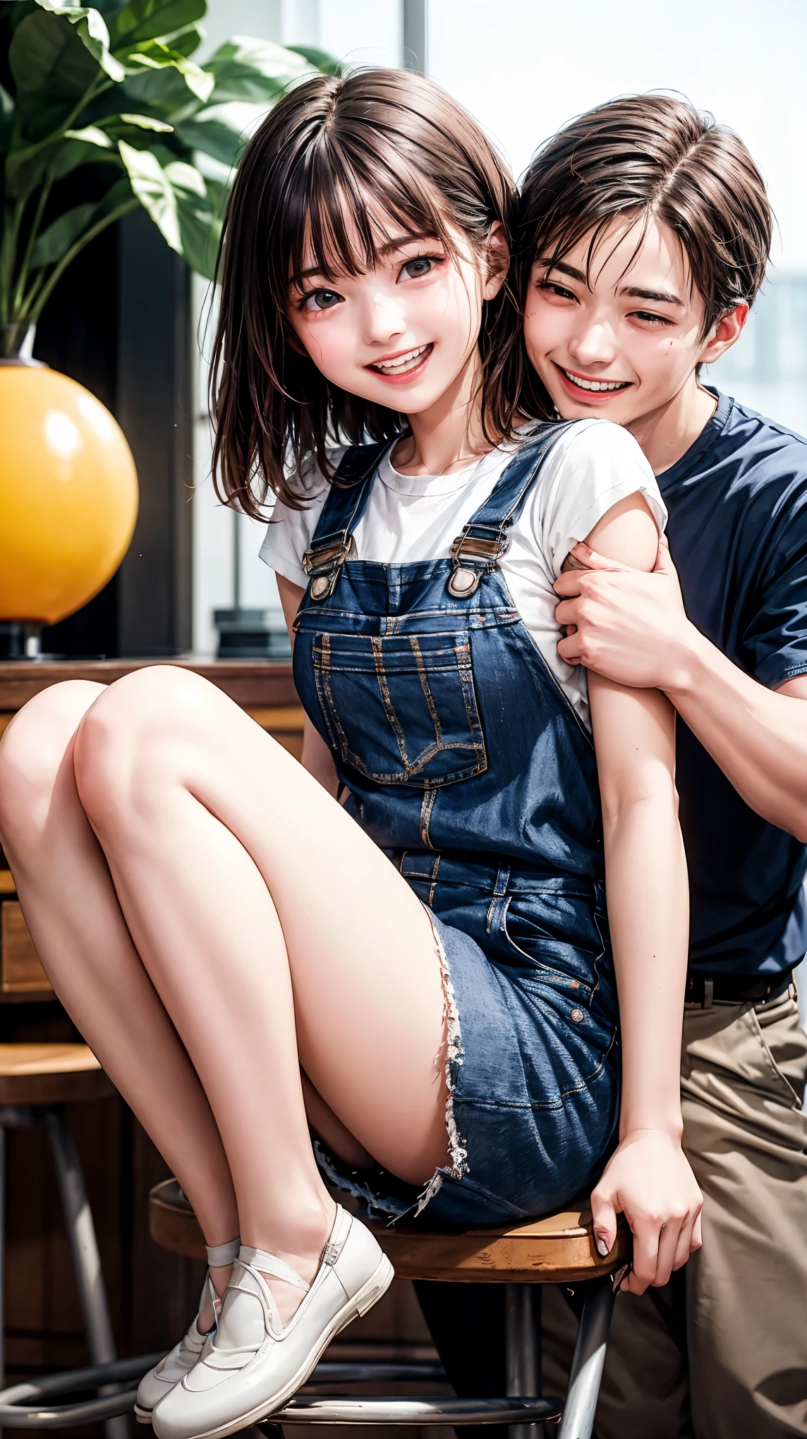 highest quality、4K quality、Young woman being grabbed by man、Small face、18-year-old、slender、Man grabs woman's chest、Naked with short overalls、Laughing with your mouth open（1.3）、Model-like exposed legs、Small breasts