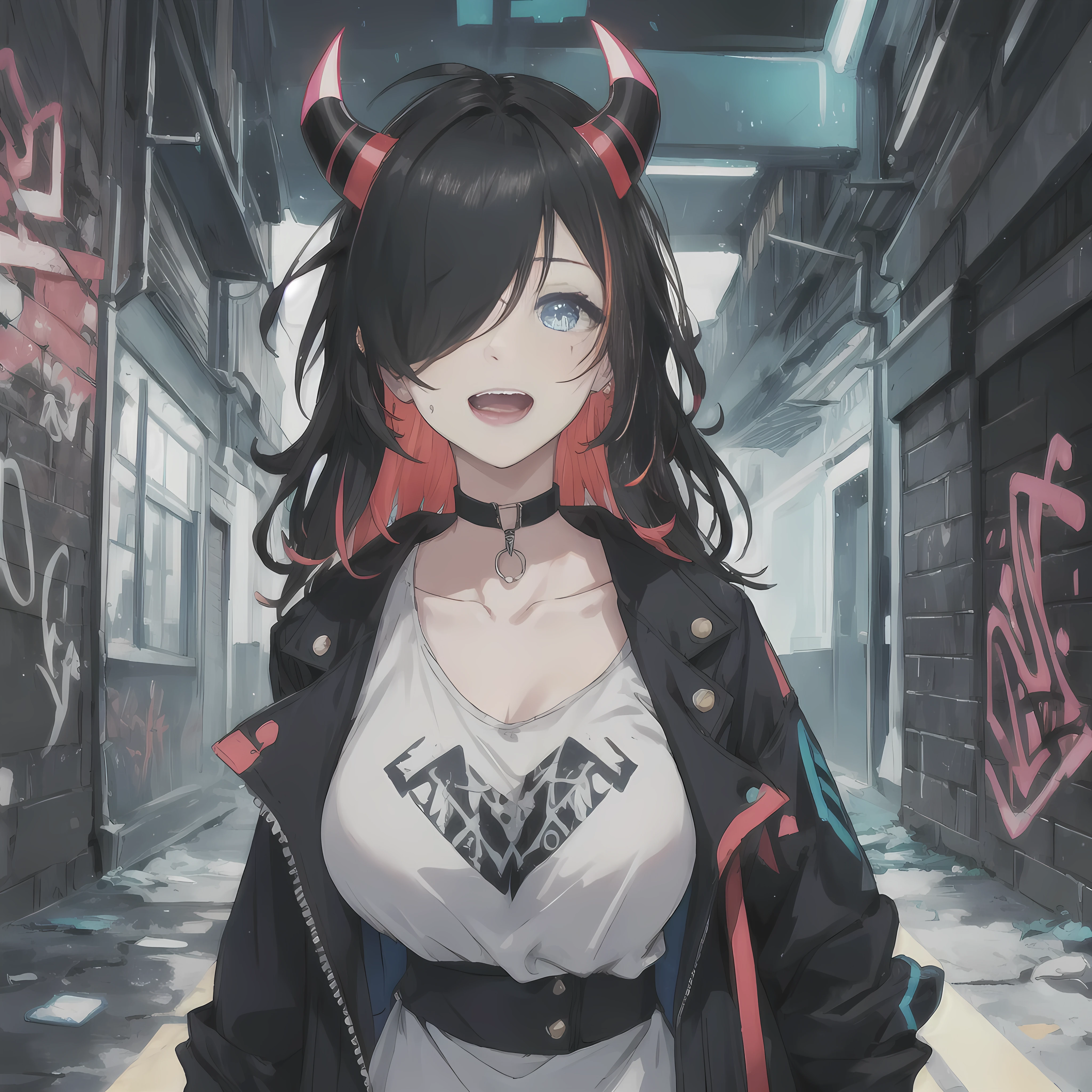 best quality, intricate details, chromatic aberration,1girl, long hair, black hair, messy hair, red highlights, hair over one eye, blue eyes, sharp eyes, Laughing ,choker, neon shirt, torn cloths, jacket,against wall, brick wall, graffiti, glowing grafiti, glowing tattoos, glow, neon lights, blacklight,demon horns,huge breasts