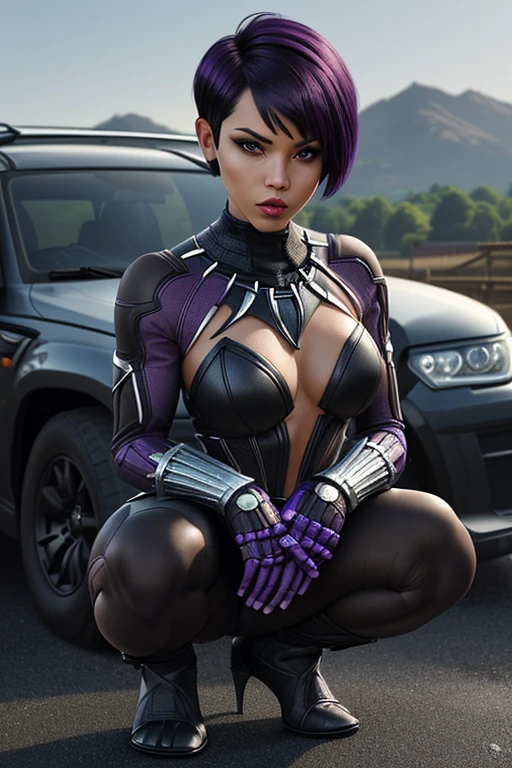 beautiful woman,short purple bob hair,sexy figure,Put on the Black Panther outfit.,squatting,on the car roof,in rural towns,Highly detailed,Master&#39;s work