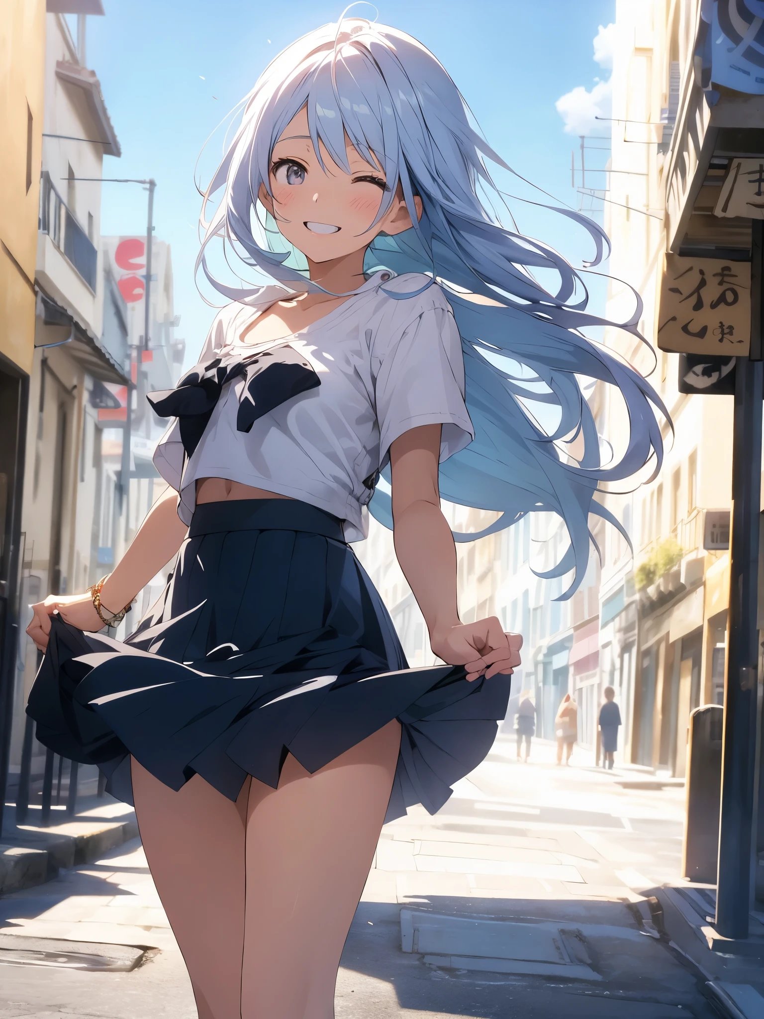 absurderes, hight resolution, (Anime style:1.1), ((masutepiece)), ((Best Quality)), (Ultra-detailed), (Beautiful), solo, Beautiful face、(liftup),Cute standing on the street in Mediterranean port city,Wind,colourful hair, Colorful eyes,Cute summer casual clothes,Blue sky,Closed eyes,Looking at Viewer,Lens Flare,Dramatic, Coastal、(The skirt flutters in the wind:1.3)、A smile