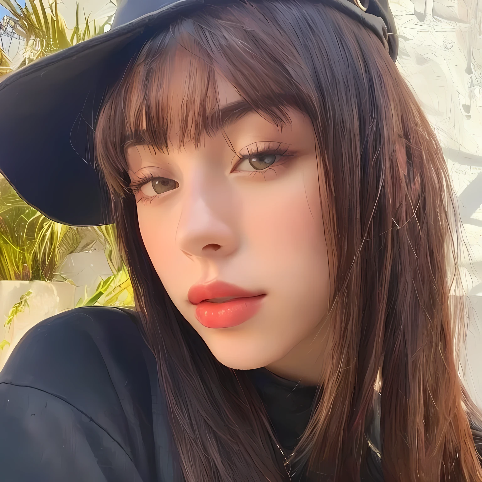 Arafed woman with black hat and red lipstick posing for a photo., charli bowater, charli xcx, Kailee Mandel, cerveza madison como leeloo, Retrato de Sophie Mudd, flequillo recto, Dua Lipa, she has black hair con flequillo, Billie Eilish, con flequillo, with flequillo completo, brown hair and bangs, flequillo completo