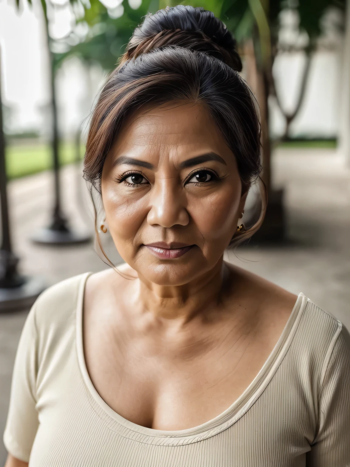 (Realistic) 52 Years old Brunei mature woman, (chubby body shape), Big : 34.9, (beauty natural makeup) soft smile, long dark bun messy hair ,Brown eyes, (A lot of wrinkles on her face:1.4), (There are many wrinkles on her chest1.4), Detailed wrinkles (8K, High resolution,ultra-quality ,(Old Woman in Jakarta), Outdoor, Daylight, dynamic background, professional photography with excellent lighting, 