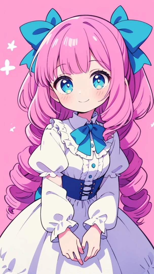 masterpiece,最high quality,The best smile,Focus on the eyeilky pink hair_Twin Drill Tail,girl,Milky White Lolita Fashion,Pastel pink taste,Pastel Blue,ribbon,Frills,high quality,Beautiful graphics,Attention to detail、 puppy、The background is pastel rainbow、Soap bubble