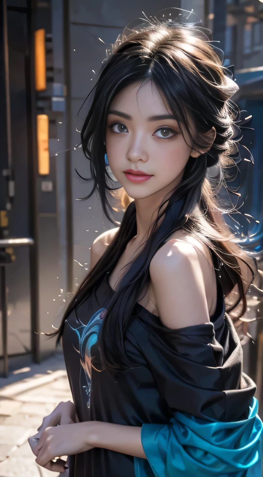 Black Hair, Hair shaking, victory, Long eyelashes, Solid round eye, A faint smile, ears red, direction, Surrealism, shadow, Relief, Stereogram, Standing picture, View, Atmospheric perspective, 8k, Super Detail, precise, best quality，(masterpiece), best quality, Ultra-high resolution,, Cyberpunk, 1 girl, Amazing city views ,Hoodies,Blue Hair, Very long hair, Off-shoulder, Feather hair accessories, (gradient neon color:1.5), flash, Movie Lighting, Reality, Realistic skin, HDR, Fisheye