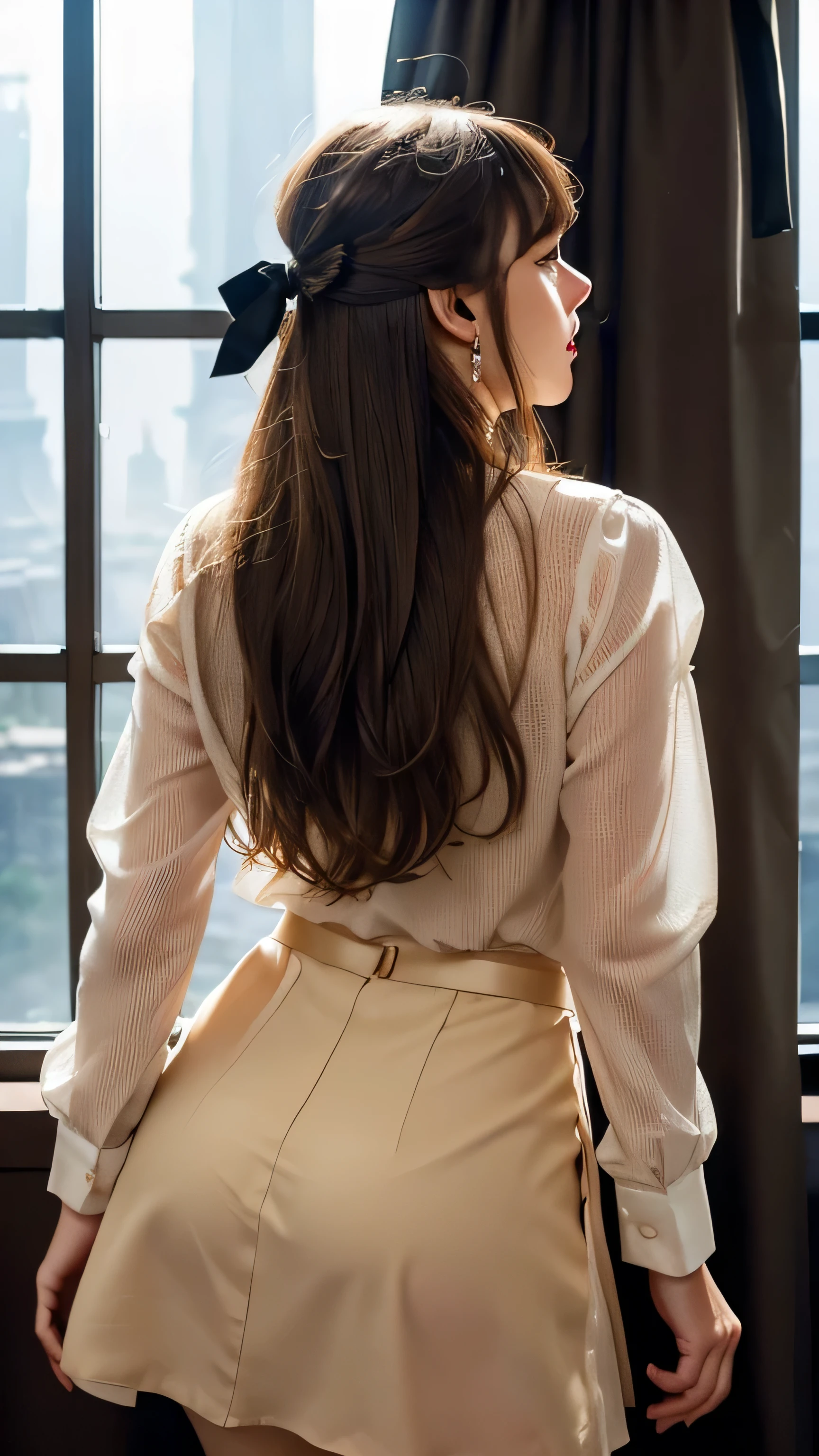 (Very delicate and beautiful: 1.2), 1 girl, bangs, Cute eyes, bow, Brown Hair, Mouth closed, landscape, Hair between the eyes, hair bow, Long sleeve, Looking at the audience, Medium Hair, alone, Upper Body, ((alone)), (masterpiece), blonde、Various movement poses、With a smile、Loosely inward wavy hair,Gold Necklace_Large earrings,Extra long brown hair,wearing Classy blouse,rap mini skirt,((Skyscrapers look hazy outside the window:1.4)),((looks from behind:1.5)),