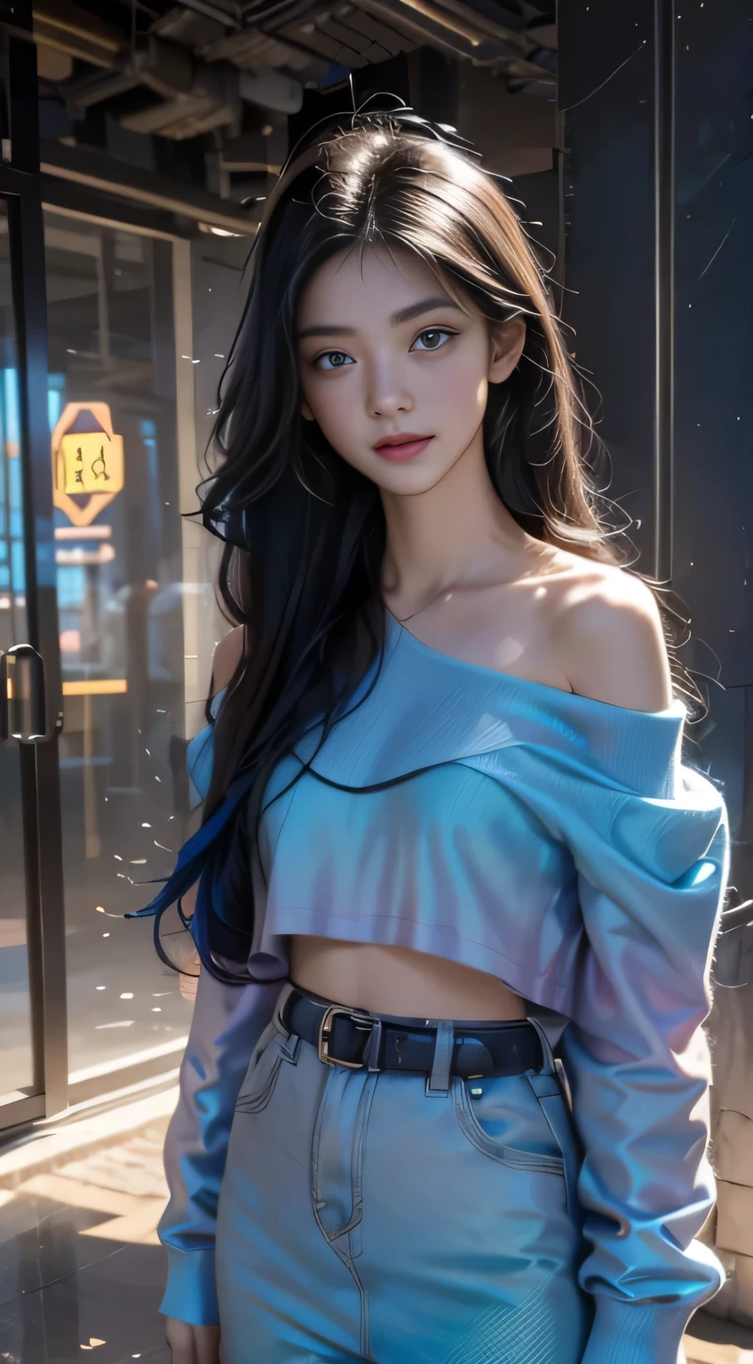 Black Hair, Hair shaking, victory, Long eyelashes, Solid round eye, A faint smile, ears red, direction, Surrealism, shadow, Relief, Stereogram, Standing picture, View, Atmospheric perspective, 8k, Super Detail, precise, best quality，(masterpiece), best quality, Ultra-high resolution,, Cyberpunk, 1 girl, Amazing city views ,Hoodies,Blue Hair, Very long hair, Off-shoulder, Feather hair accessories, (gradient neon color:1.5), flash, Movie Lighting, Reality, Realistic skin, HDR, Fisheye