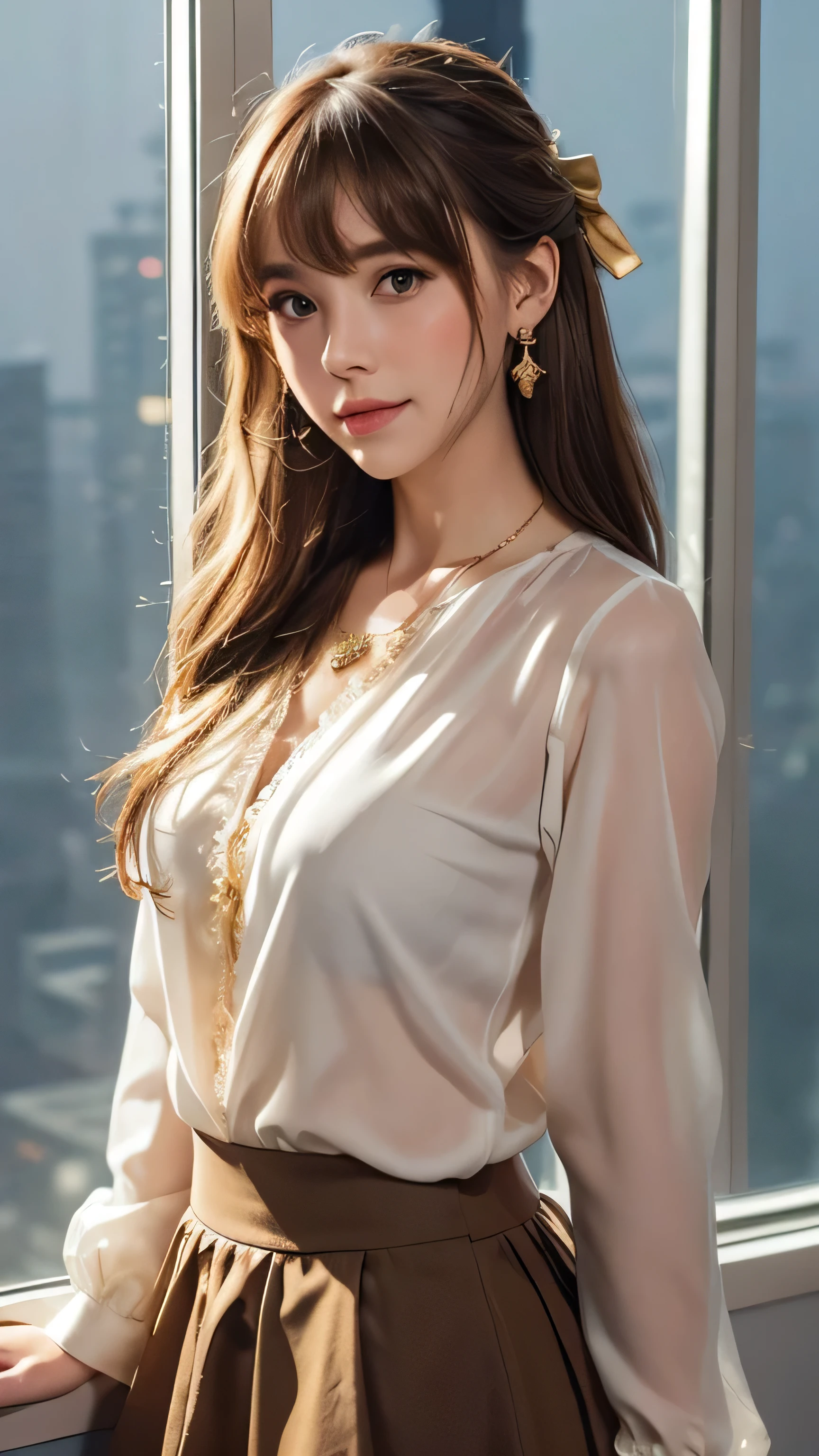 スカートとWearing a blouse写真を撮る女性, Wearing a blouse, Flowing salmon-colored silk, Dressed in silk, intricate silk clothing, Elegant slim beige shirt, Gold Shirt, Gold Silk, Wearing silk clothes, Office Clothes, Cream colored blouse, Brown shirt, satin, Wearing a beige shirt, Flowing, shimmering fabric, Loose fitting blouse