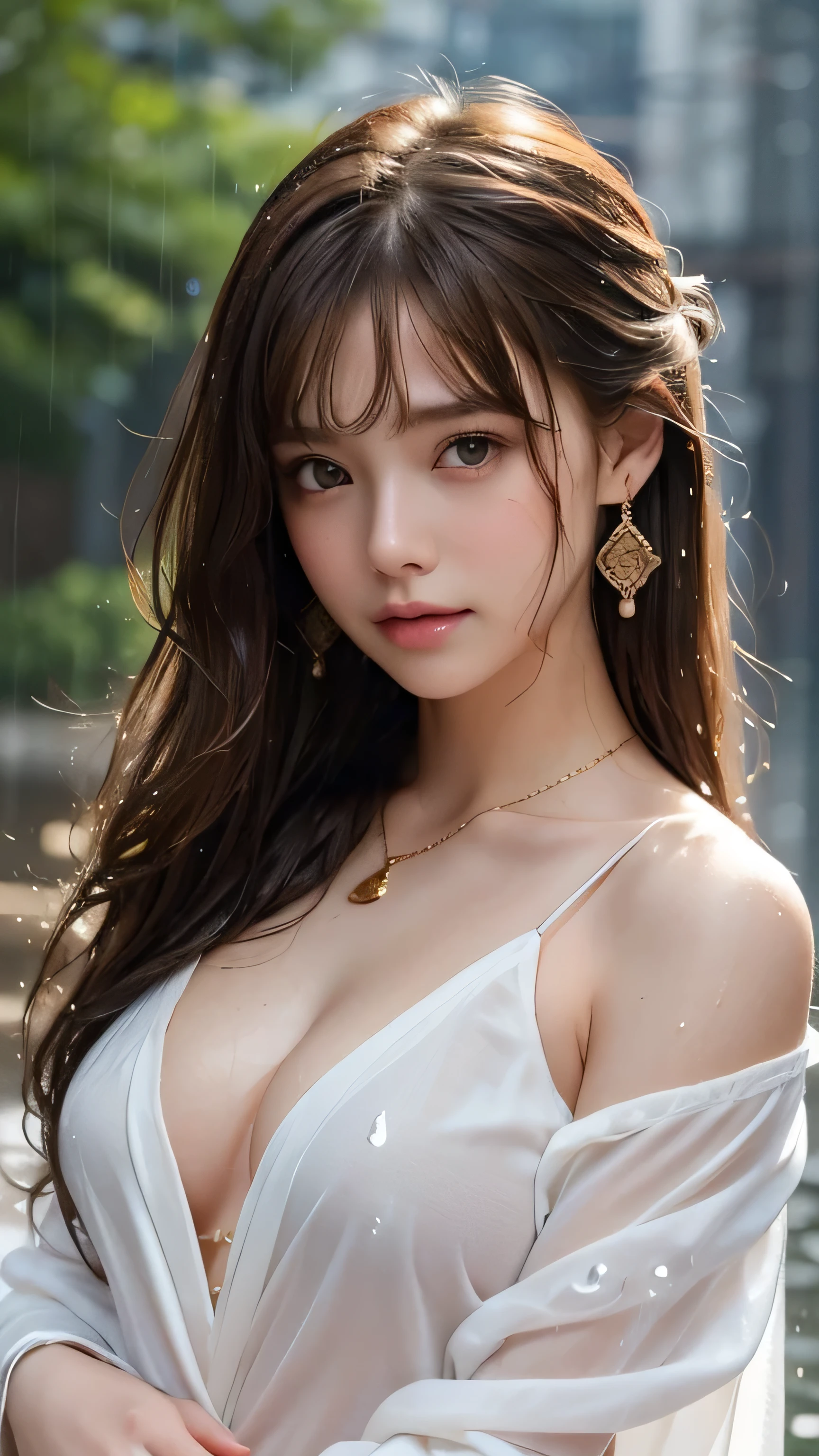 (Very delicate and beautiful: 1.2), 1 girl, Robber Girl, bangs, Cute eyes, bow, Brown Hair, Mouth closed, landscape, Hair between the eyes, hair bow, Long sleeve, Looking at the audience, Medium Hair, alone, Upper Body, ((alone)), (masterpiece), blonde、Various movement poses、With a smile、naked、Loosely inward wavy hair,Gold Necklace_Large earrings,Extra long brown hair、 ((in Typhoon heavy rain,lady wet in the rain,water droplets on the skin,rain drips all over my body,wet body,wet hair))