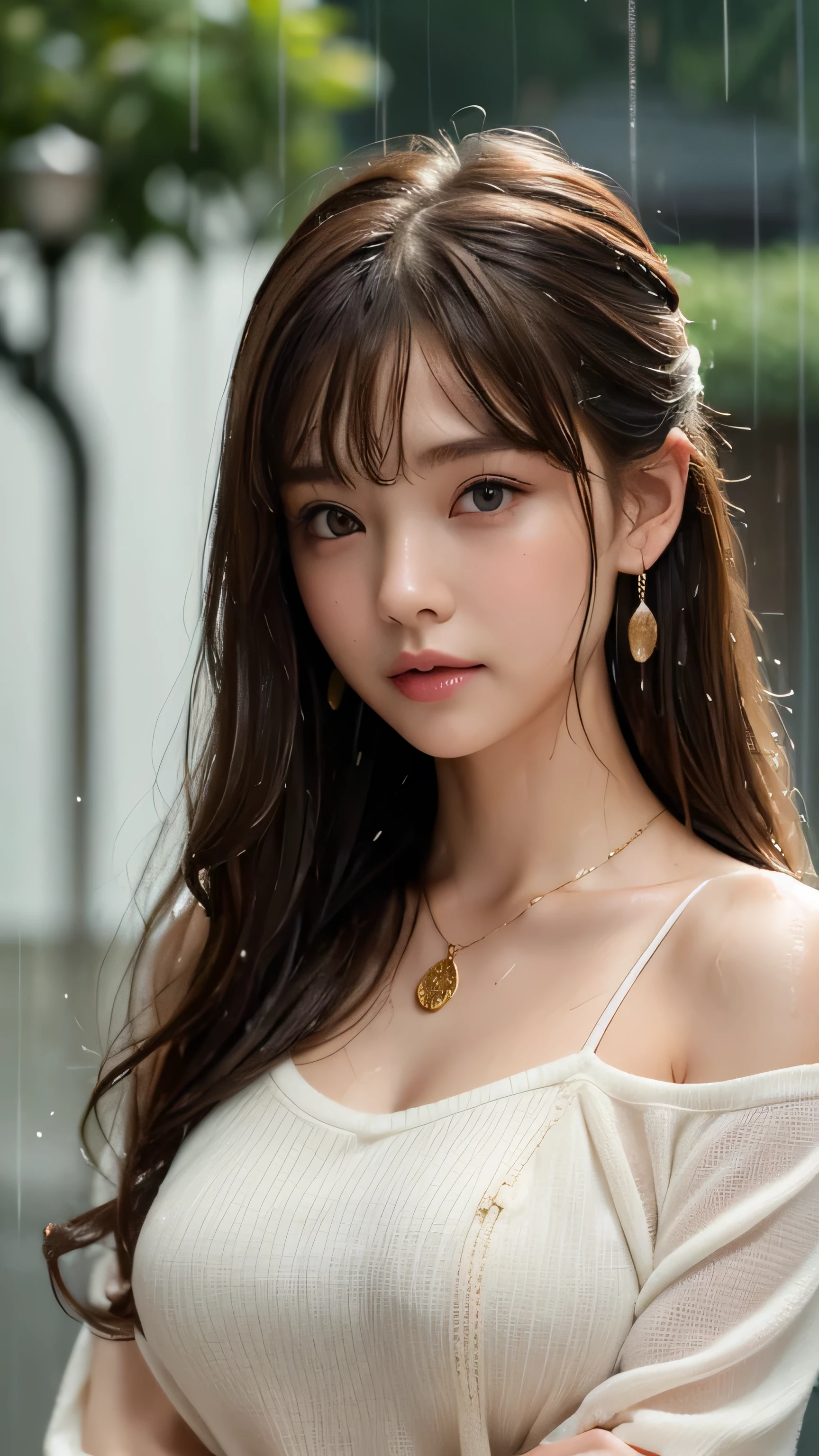 (Very delicate and beautiful: 1.2), 1 girl, Robber Girl, bangs, Cute eyes, bow, Brown Hair, Mouth closed, landscape, Hair between the eyes, hair bow, Long sleeve, Looking at the audience, Medium Hair, alone, Upper Body, Short school uniform: 1.3, ((alone)), (masterpiece), blonde、Various movement poses、With a smile、wearing a Knitted dress without back with Shoulders out、Loosely inward wavy hair,Gold Necklace_Large earrings,Extra long brown hair、 ((in Typhoon heavy rain,lady wet in the rain,water droplets on the skin,rain drips all over my body,wet body,wet hair))