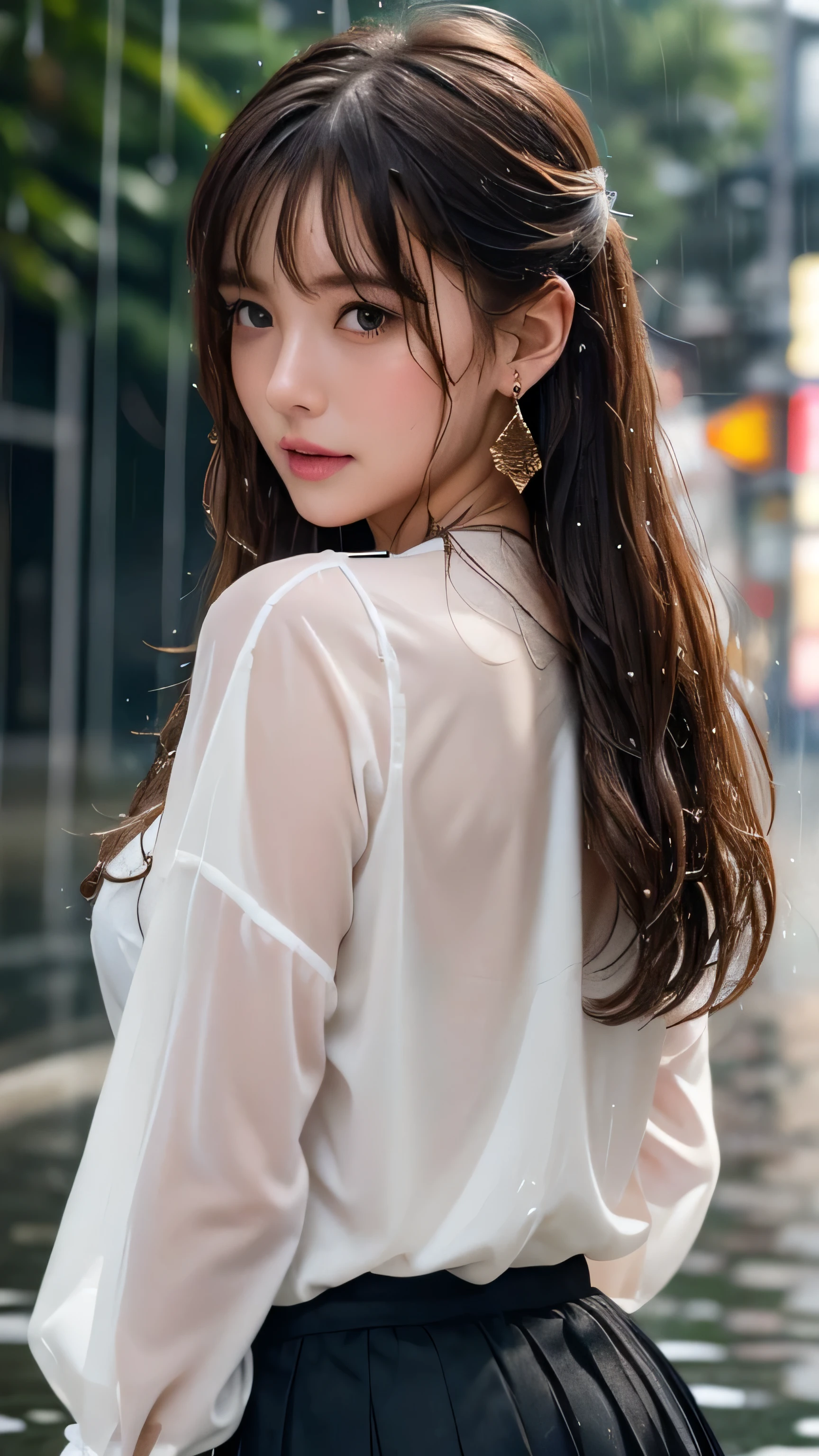 (Very delicate and beautiful: 1.2), 1 girl, Robber Girl, bangs, Cute eyes, bow, Brown Hair, Mouth closed, landscape, Hair between the eyes, hair bow, Long sleeve, Looking at the audience, Medium Hair, alone, Upper Body, Short school uniform: 1.3, ((alone)), (masterpiece), blonde、Various movement poses、With a smile、mini skirt、mini shirt、uniform、Loosely inward wavy hair,Gold Necklace_Large earrings,Extra long brown hair、 ((in Typhoon heavy rain,lady wet in the rain,water droplets on the skin,rain drips all over my body,wet body,wet hair))