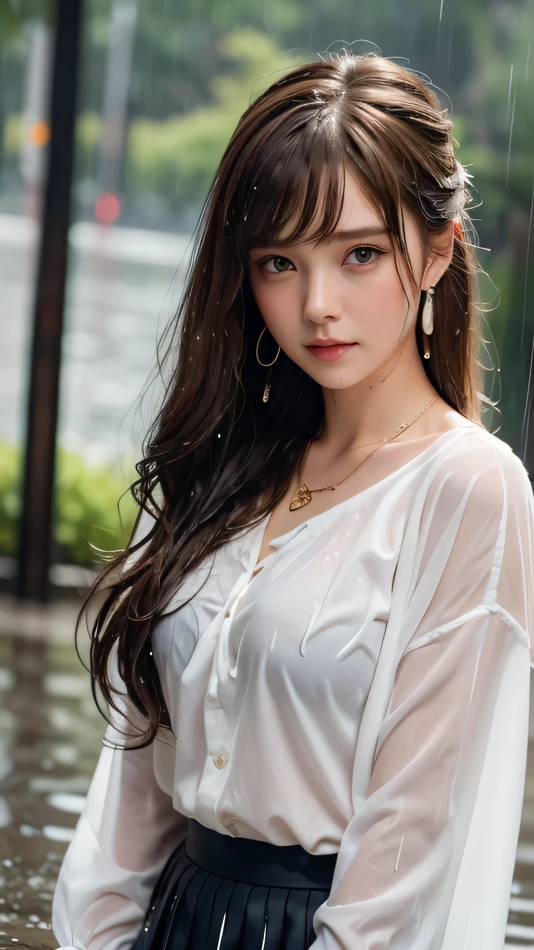 The highest image quality, tmasterpiece, 超A high resolution, (fidelity:1.4), Photore, 1 rapariga,white t-shirts, The dim,rainy evening, pitying, cute little, Cinematic Light, exposed bare shoulders, Real rain, Wet hair、Brown semi-long hair、Model body type、Slimed、A slender、realistic skin textures