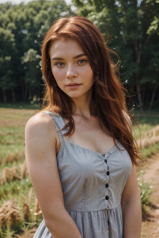 Une femme, 25 ans, poitrine moyenne, wavy red hair, yeux verts, debout dans son salon, slightly transparent white tank top