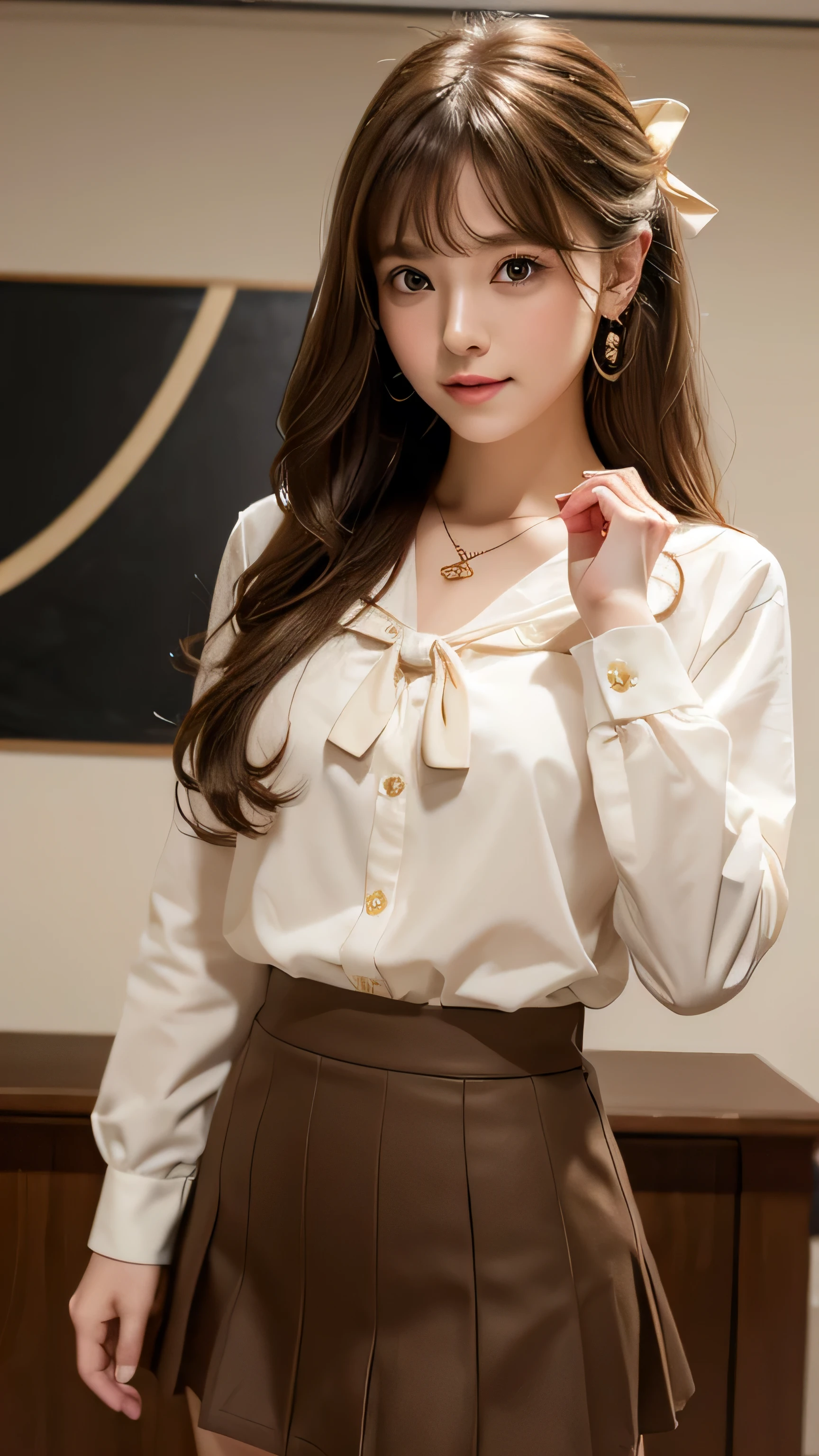 (Very delicate and beautiful: 1.2), 1 girl, Robber Girl, bangs, Cute eyes, bow, Brown Hair, Mouth closed, landscape, Hair between the eyes, hair bow, Long sleeve, Looking at the audience, Medium Hair, alone, Upper Body, Short school uniform: 1.3, ((alone)), (masterpiece), blonde、Various movement poses、With a smile、mini skirt、mini shirt、uniform、Loosely inward wavy hair,Gold Necklace_Large earrings,Extra long brown hair
