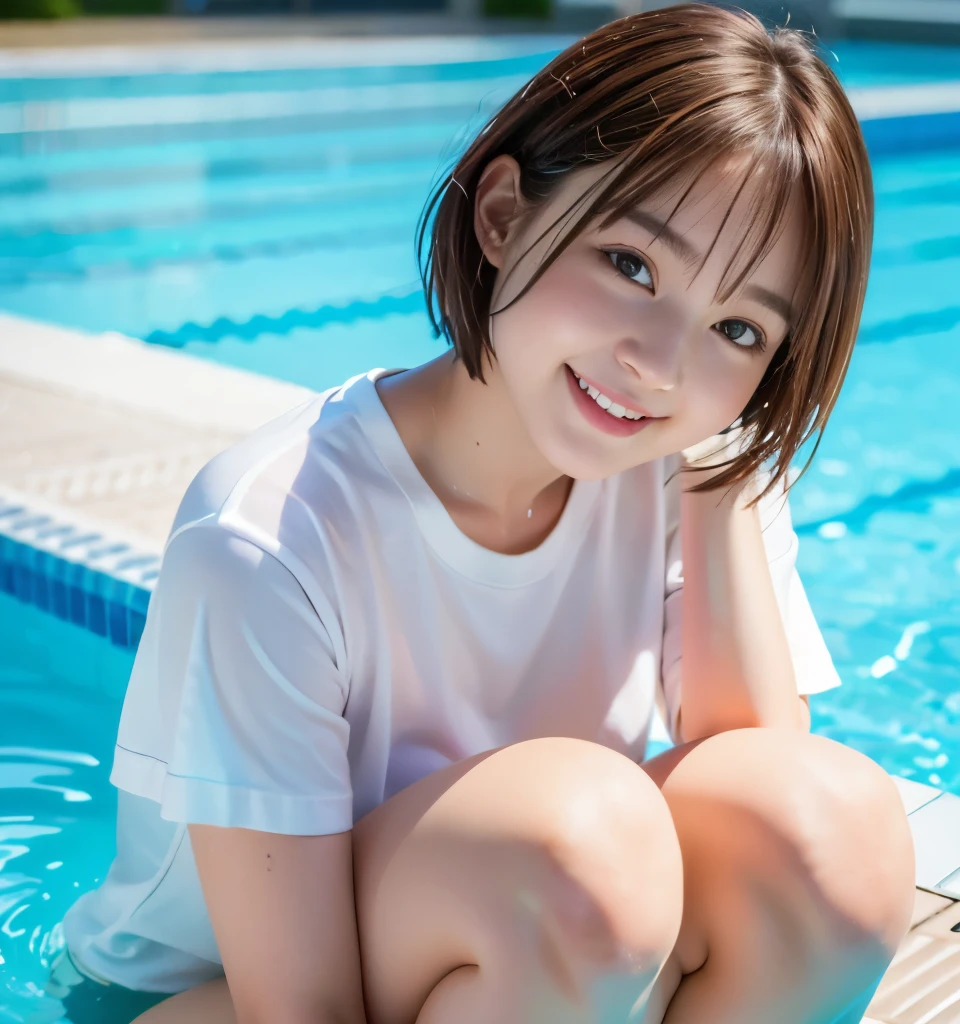 highest quality、8k、Ultra-high resolution、masterpiece、Detailed Photos、Realistic、Professional Lighting、smile、Very cute girl、Gentle features、Baby Face、No makeup、slender、Very short bob hair、Brown Hair、Tight whiteＴWearing a shirt:1.8、Soaking wet:1.6、Head to knee photo:1.8、Pool