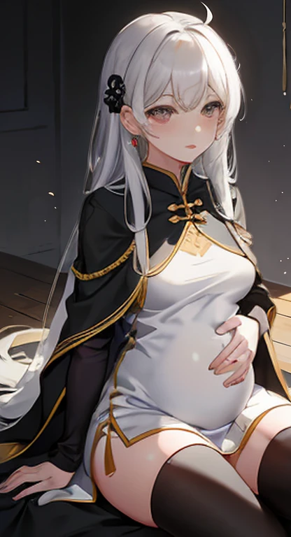 Gold Hairpin, Gray hair, Black shirt, White skirt, (Black cape:1.2), Pale face, sweat, Heavy breathing, blush, 怀pregnant穿衣质量最好:1.2), Super detailed,Practical ,portrait, Bright colors, soft light, Interesting point of view, Socks, Straight Hair, pregnant, pregnant肚, Chinese Sword, Anime Girl, Solo Girl