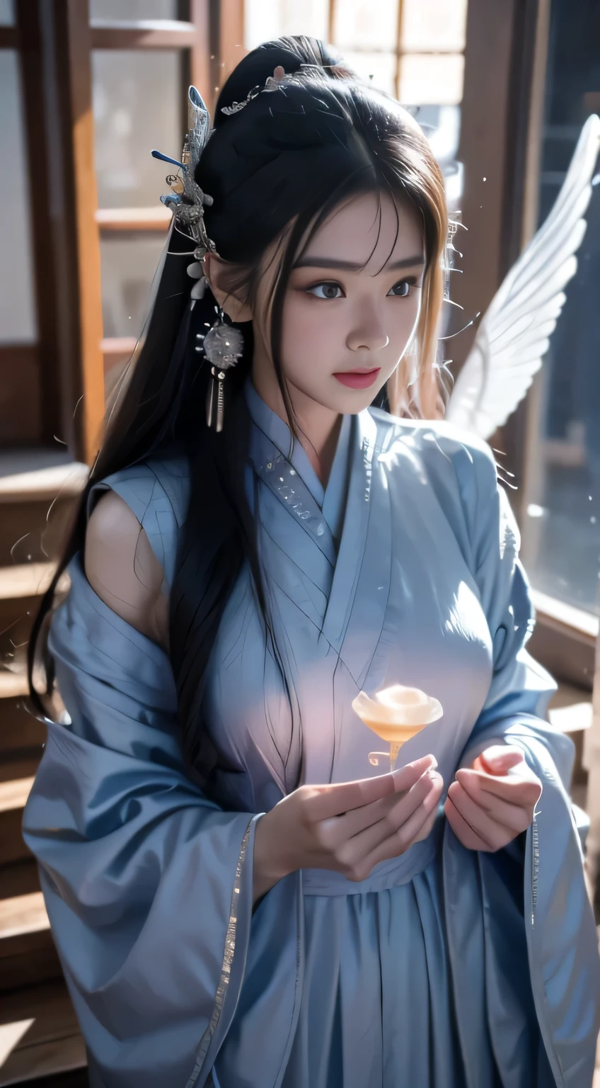 Black Hair, Hair shaking, victory, Long eyelashes, Solid round eye, A faint smile, ears red, direction, Surrealism, shadow, Relief, Stereogram, Standing picture, View, Atmospheric perspective, 8k, Super Detail, precise, best quality,A lady in a blue dress sits on the stairs, Beautiful fantasy queen, full body xianxia, Flowing Magic Robe, Inspired by Lan Ying, anime goddess, palace , Girl wearing Hanfu, Beautiful Celestial Mage, xianxia fantasy, ((Beautiful fantasy queen)), Japanese Goddess, Popular on CGSTATION, cotton cloud mage robes