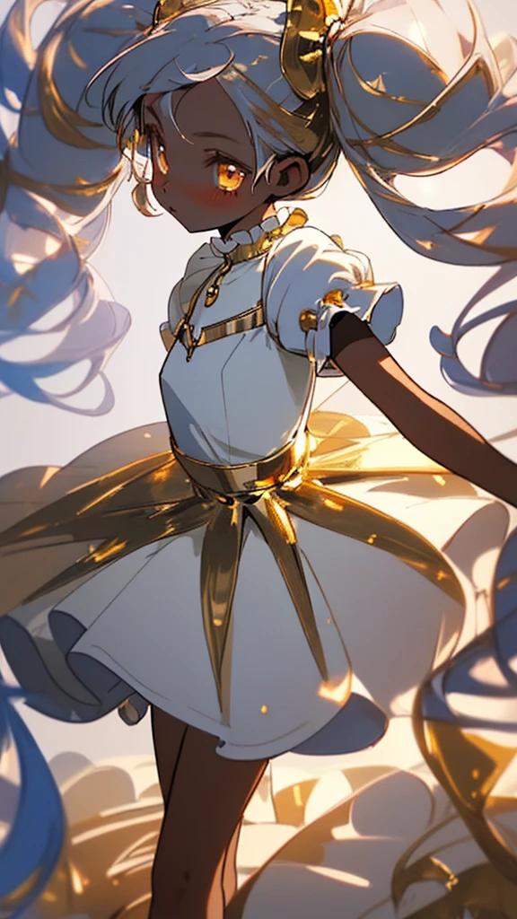 (masterpiece 1.8), ((ultra quality)), ((super fine illustration)), ((stunning cg)), depth of field, 1, lollita, 10years old girl、white hair, gradation colored hair, ((twintails)), ((gold eyes)), dark skin, short stature, cute girl, ((very small bast)), , ((white dress)), detached sleeve, mini skirt, ((ruffles)),(lot of  ruffles),