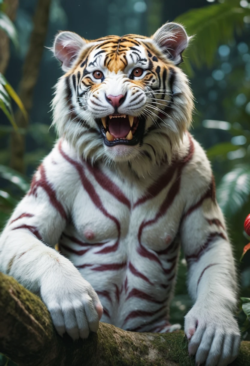 (hybrid:1.10) (monkey:0.95) (Tiger:1.05), (merge:1.1), white, In the Candy Jungle, Surreal happy photos, Realism pushed to the limit, Fine texture, Incredibly realistic, Cinematic, large format camera, Photorealistic, Digital SLR, 8K Ultra HD, High resolution, Very detailed, high quality, High saturation