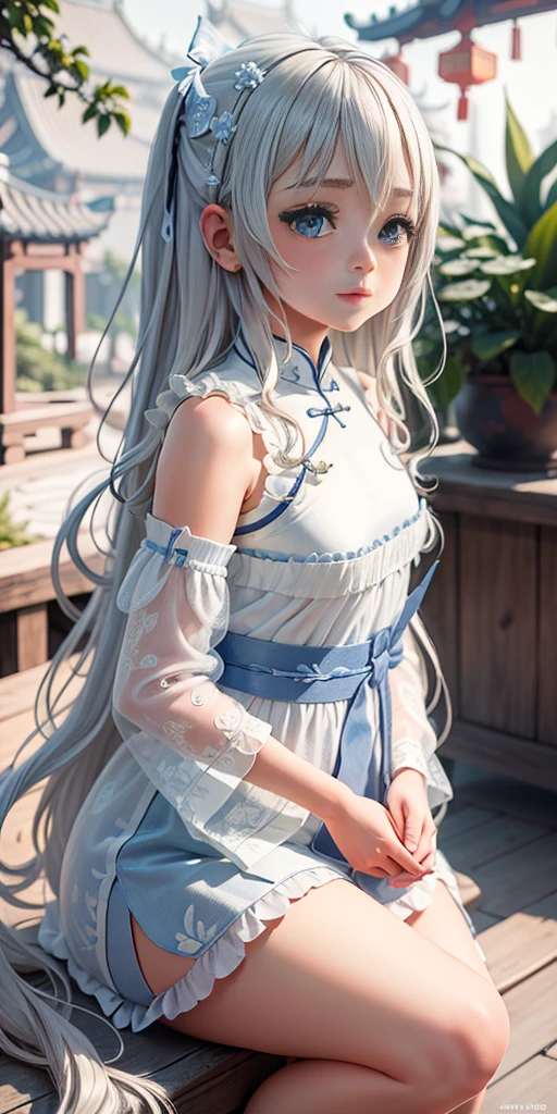 ((Best quality)), ((Masterpiece)), ((Ultra-detailed)), (illustration), (Detailed light), (An extremely delicate and beautiful),A charming young girl,long  white hair,Blue sky,(Chinese Garden)