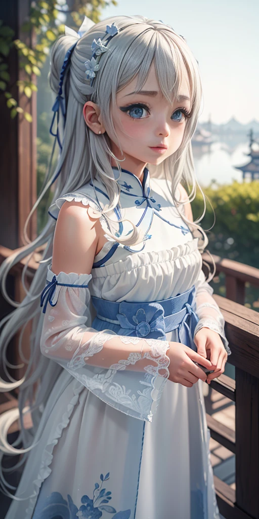 ((Best quality)), ((Masterpiece)), ((Ultra-detailed)), (illustration), (Detailed light), (An extremely delicate and beautiful),A charming young girl,long  white hair,Blue sky,(Chinese Garden)