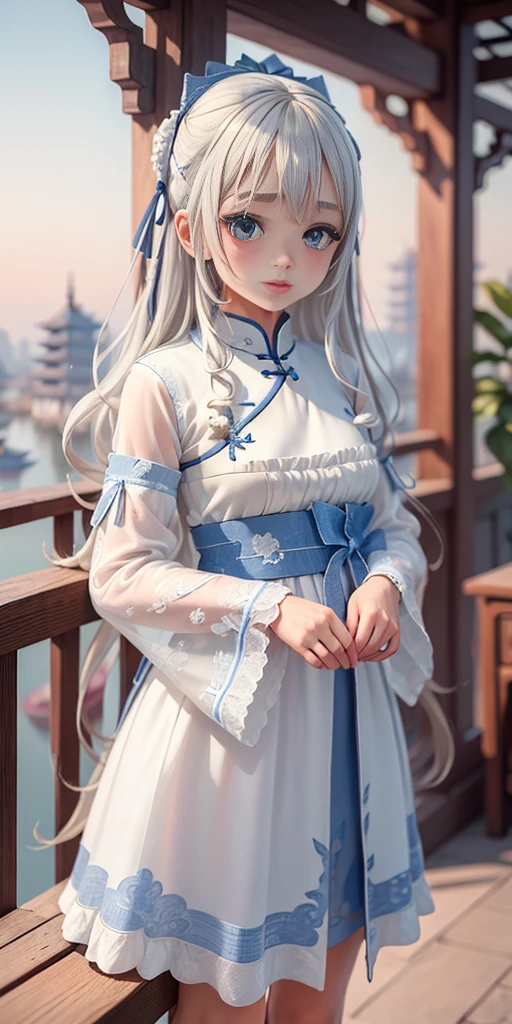 ((Best quality)), ((Masterpiece)), ((Ultra-detailed)), (illustration), (Detailed light), (An extremely delicate and beautiful),A charming young girl,long  white hair,Blue sky,(Chinese Garden)