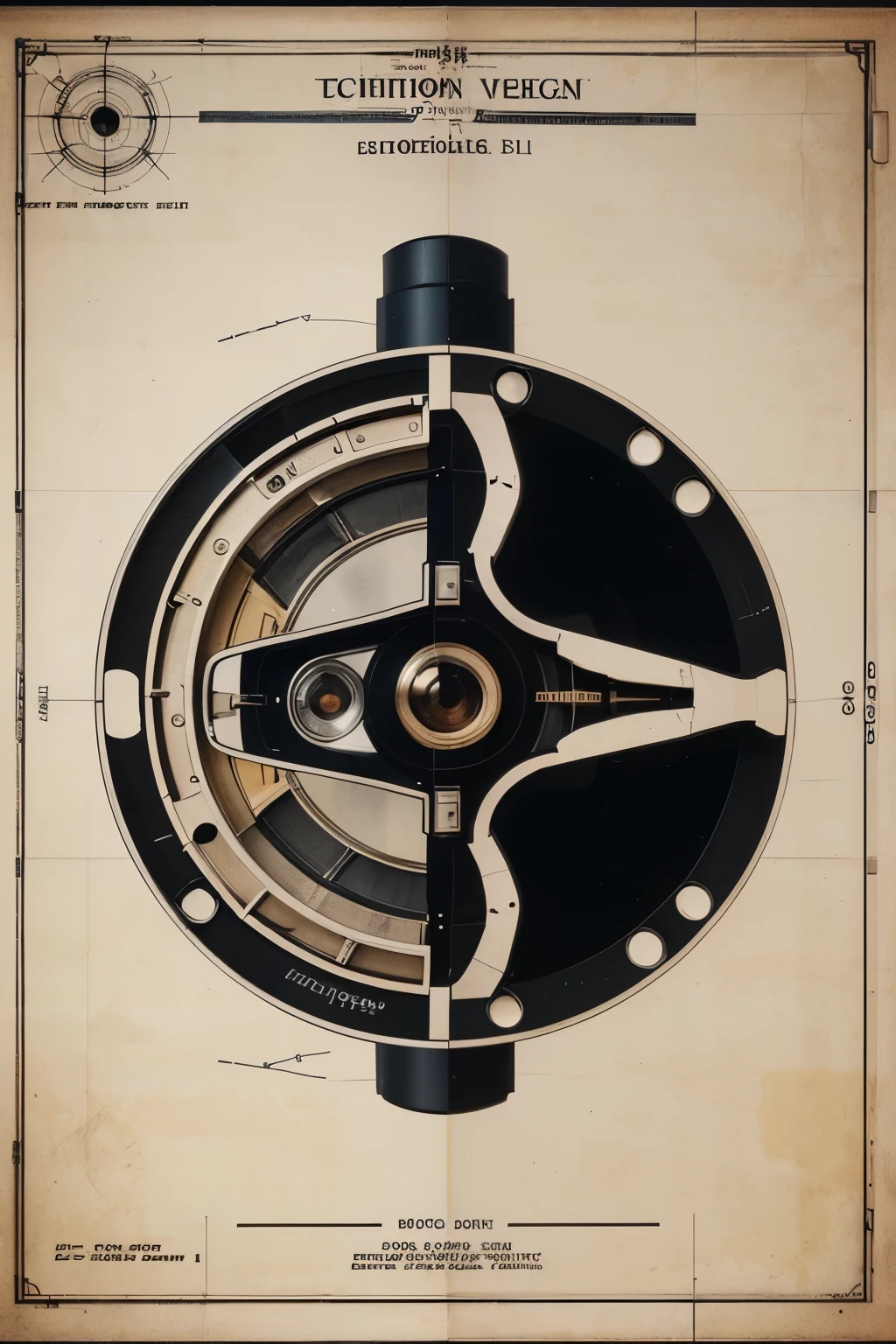 Highly detailed technical drawing of a photo camera The illustrations should include a side view, cross-sections, and exploded views to show both the exterior and interior components. Labeled parts with annotations specifying materials, dimensions, and other engineering specifications. Style vintage engineering blueprint, and educational intent