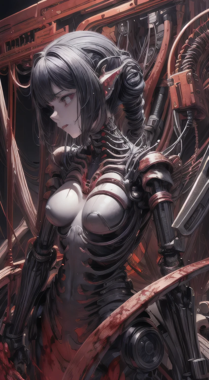 naked, terrified, crying, bruised, and bloodied women prisoner with impossibly huge breasts and huge ass with robotic limbs, strung up to an oppressive futuristic executioner machine to be killed, bad end, imminent death, oil blood, oppressive