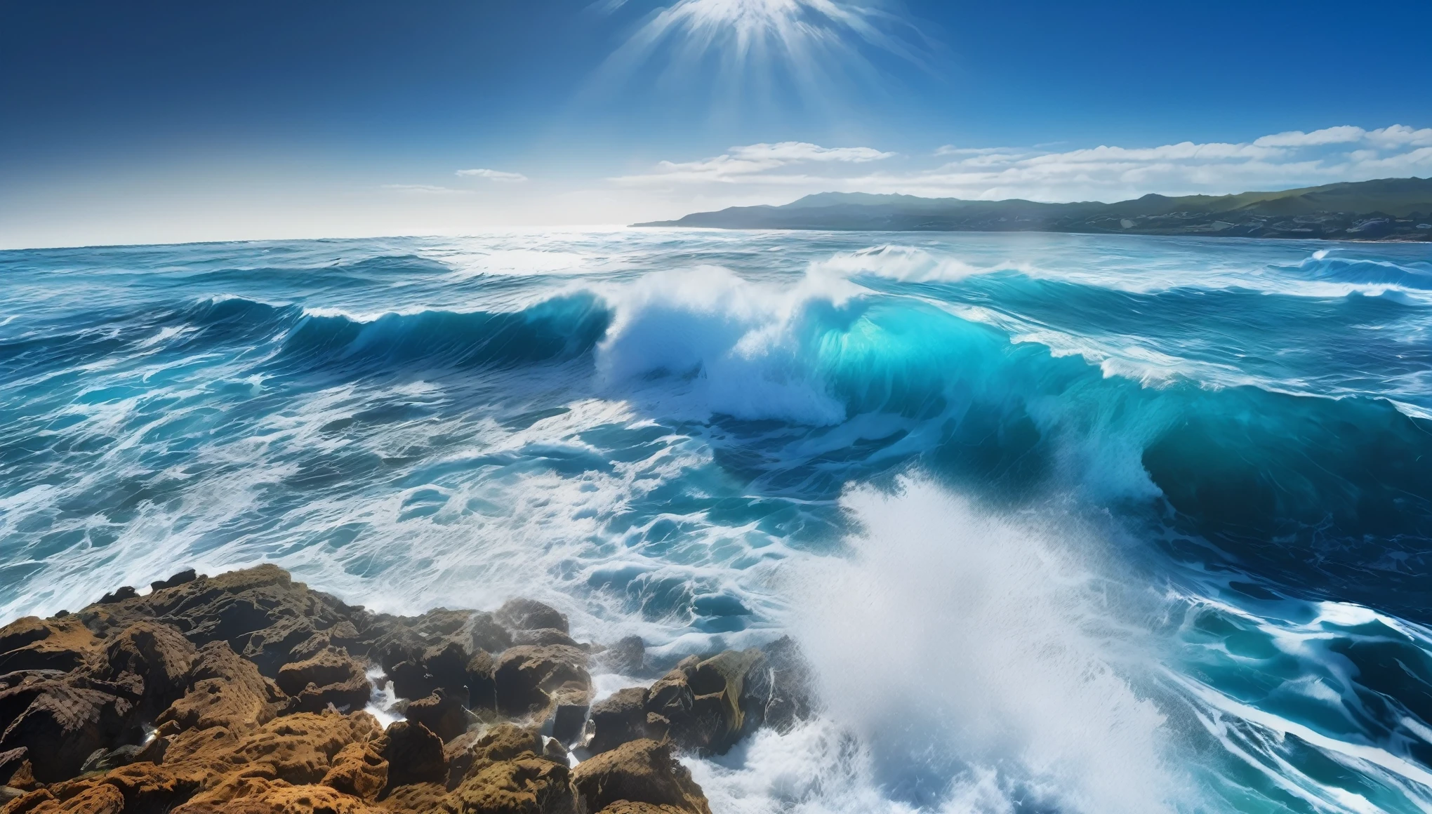 arafed view of a blue ocean with blue waves crashing, chaotic sea setting, breathtaking composition, beautiful sea landscapes, stunning ocean, magnificent background, beautiful background, beautiful dreamy breathtaking, beautiful blue ocean