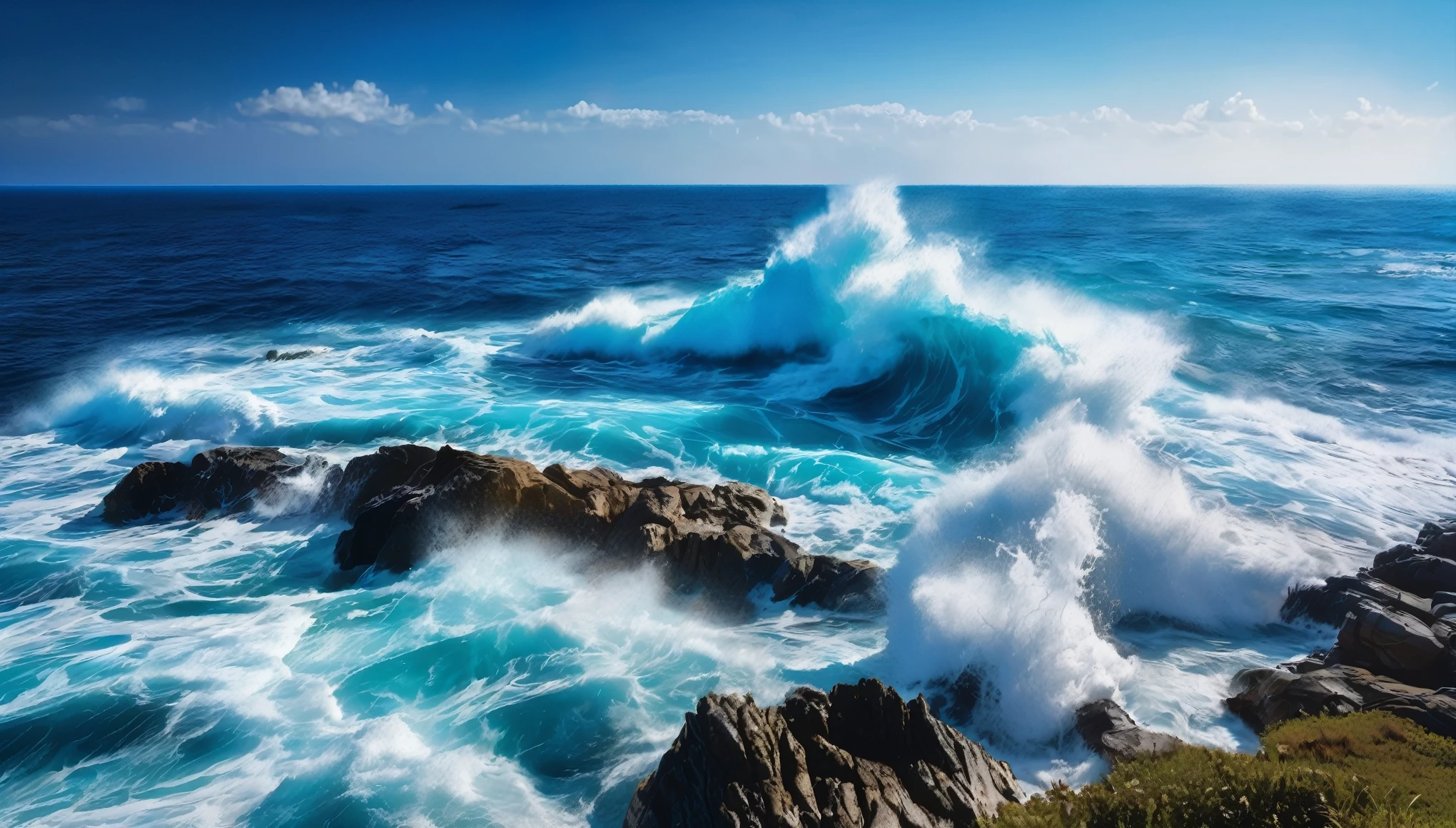 arafed view of a blue ocean with blue waves crashing, chaotic sea setting, breathtaking composition, beautiful sea landscapes, stunning ocean, magnificent background, beautiful background, beautiful dreamy breathtaking, beautiful blue ocean