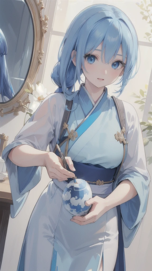 (best quality,4k,8k,highres,masterpiece:1.2),ultra-detailed,(realistic,photorealistic,photo-realistic:1.37),blue-haired girl,blue eyes,blue Hanfu armor,blue hand mirror,swallows