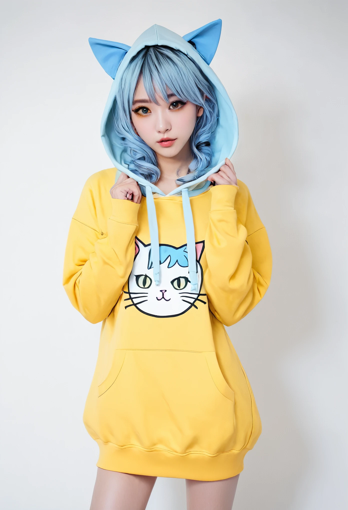 Yellow Eyes、Light blue hair、Natural curls、long、Cat ear、Girl、Yellow hoodie dress、cute、2D
