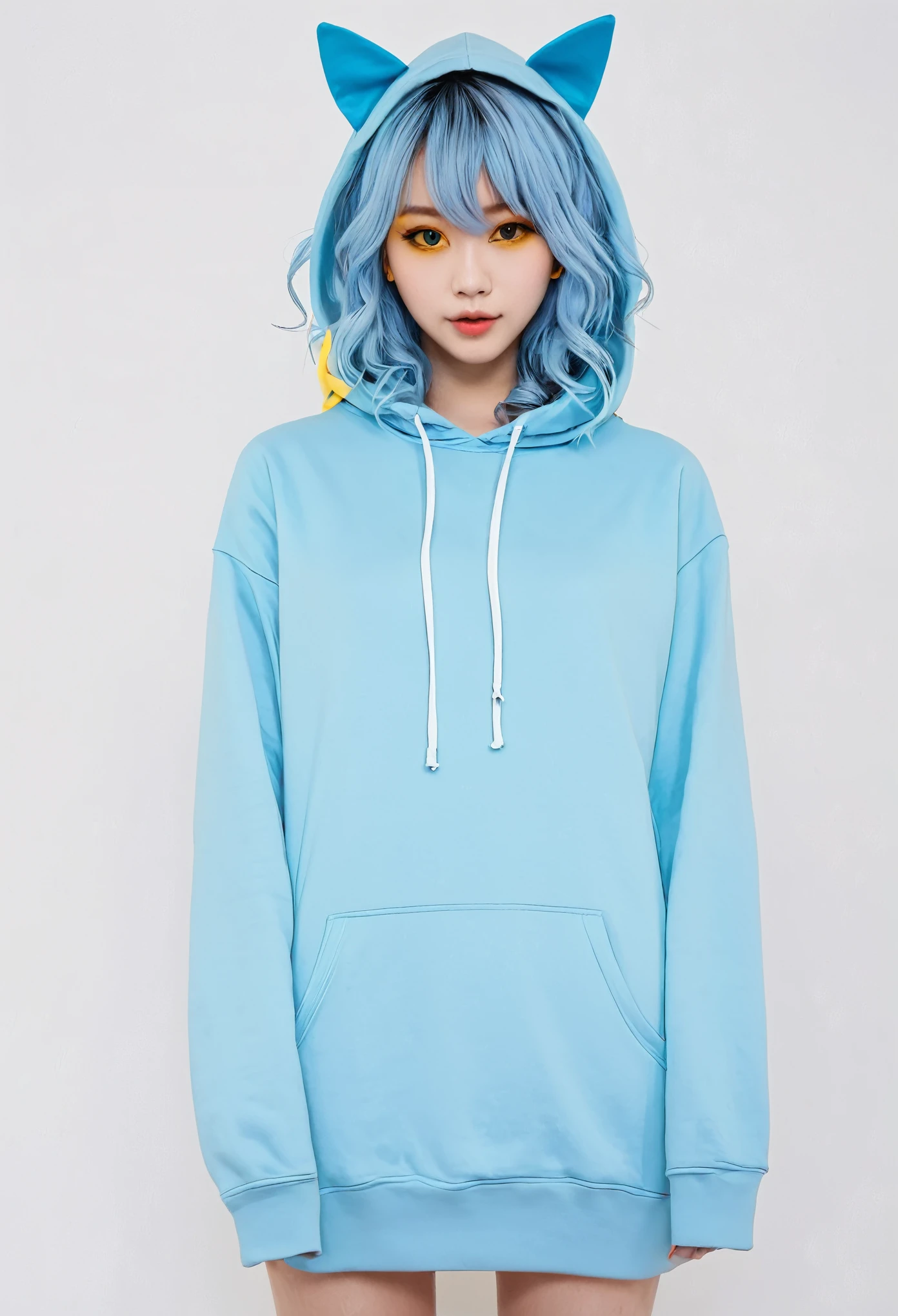 (Masterpiece), (Highest quality), (illustration), (Super detailed), (high resolution), Absurdity, One girl,vibrant, Spirited, cheerful big breasts,Lively, (kagamine-rin), (vocaloid), (((Laughing))), Long hair, Cat ear hairpins, (hoody), Wear a hood, Moe Sleeves, Blush, Denim shorts, (Blonde), Very cute girl, small, Young, Delicate, Outdoors, Attention on Girls,Wave hello。