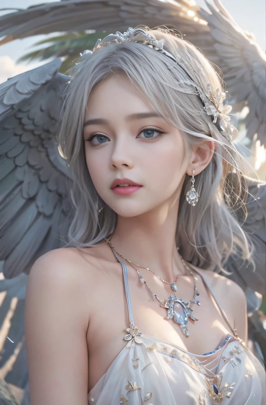 (masterpiece:1.3), (8k, Photorealistic, Raw photo, Best image quality: 1.4), Fair-skinned fairy woman、Long Haircut、Cleavage:2.0、Super detailed face、Attention to detail、double eyelid、Put your chest together、Sharp focus:1.2、Beautiful woman:1.4、Silvery white hair、highest quality、masterpiece、超A high resolution、(Photorealistic:1.4)、Highly detailed and professionally lit smile、Loose, light, Ancient Greek clothing、Shoulder out、thin、Serious expression、Short-haired、Deadly position, gorgeous necklace , one person、whole body, Enormous wings from the latissimus dorsi、Above the Clouds