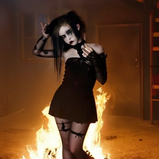 Alluring undead, young emo girl, full pouting black lips, pale skin ,empty eyes, full body view holding black fire in one hand