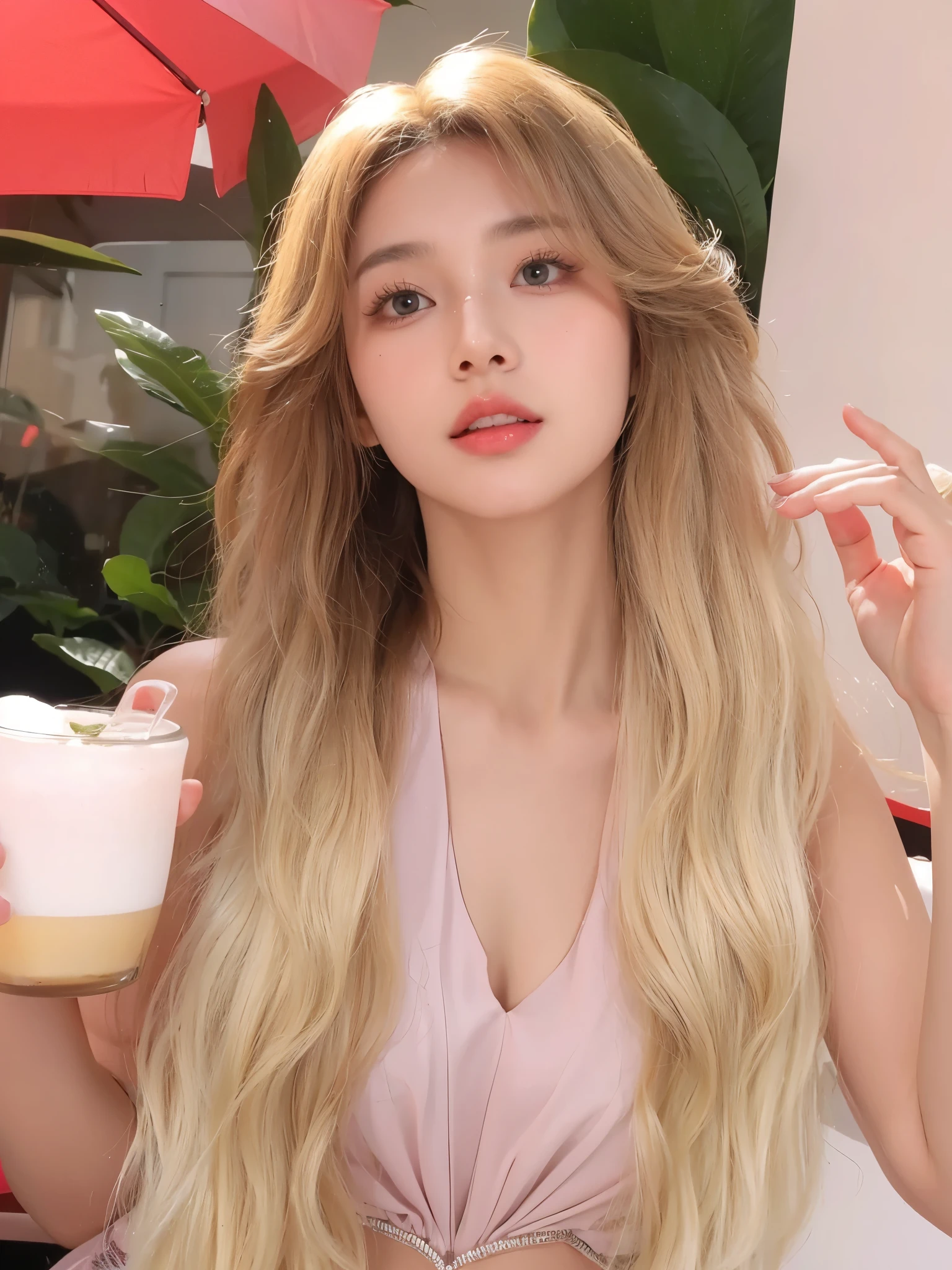 Middle-parted long curly hair with bangs,uniform hair color,Slightly curly hair,The background is simple and clean,Beautiful and good looking characters