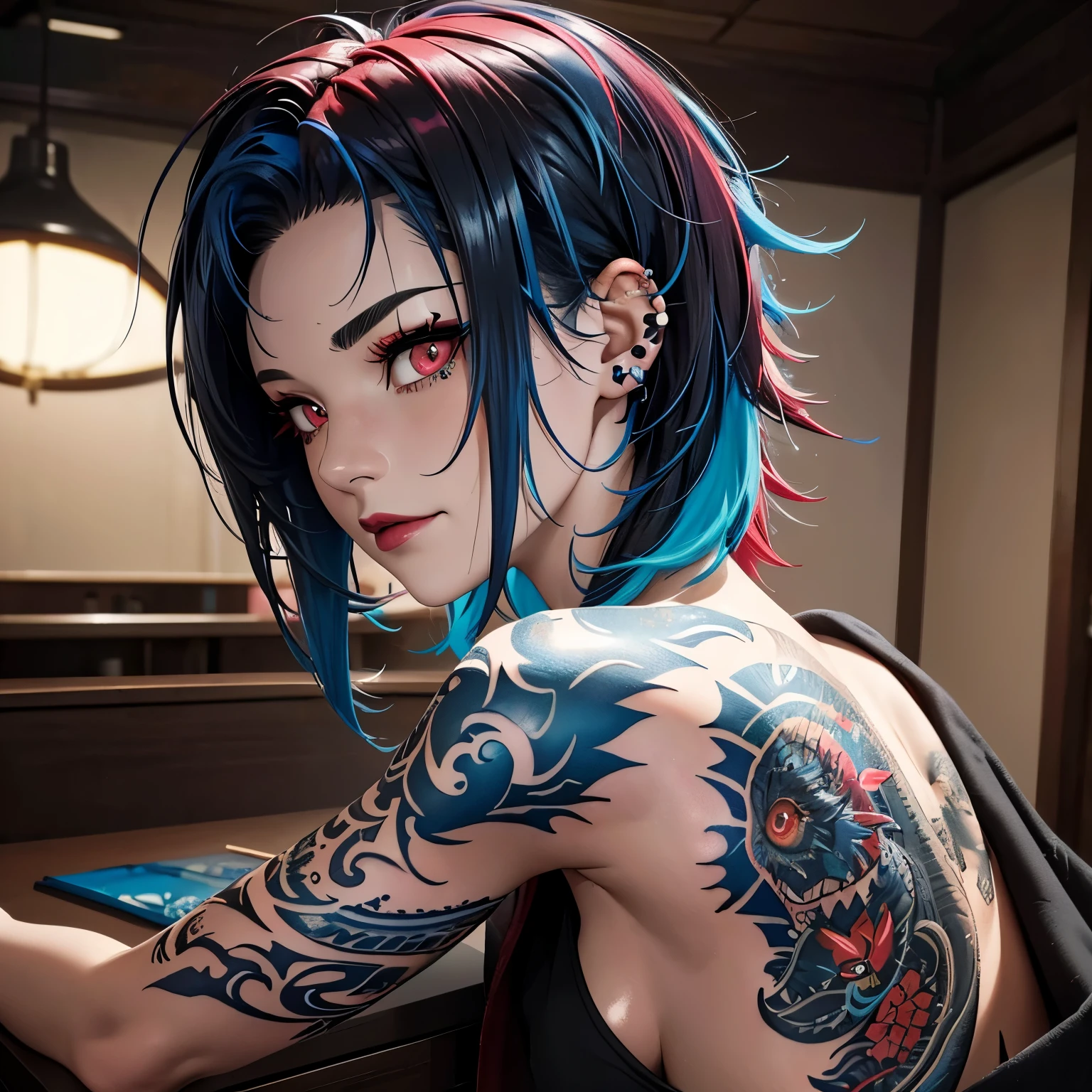 an 18 year old girl, bare back, short shorts, (((getting a tattoo on her back))), ((dragon being drawn on her back)), sitting with her back to the viewer, red lips, crazy smile, piercing, ear piercing (highlighted hair, black and blue hair, messy hair, short shiny hair, hair color:1.4), (eyeball, red eyes:1.1, bright pupils), body covered in tattoos, image with skin glow, high detail, moving lines, masterpiece, best quality, 8k, Ultra HD, high resolution, high details, cinematic lighting, hyperrealism, textured skin, anatomically correct, (beautiful face and very detailed eyes: 1.4, high quality), depth of field