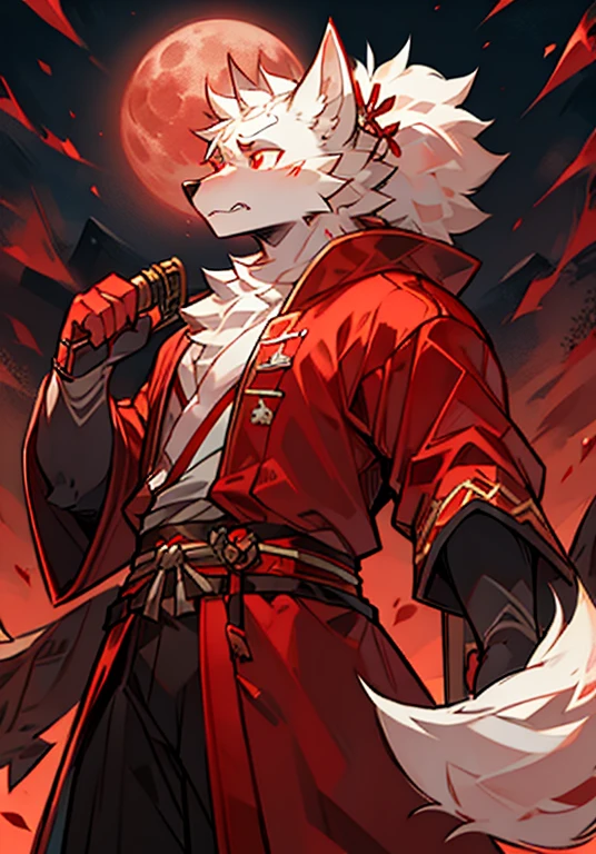 best quality，Delicate style，Exquisite lines，White Wolf Orcs，male，Red pupil，Red and white robe，Serious expression，Samurai sword，Red spider lily，Red Moon，Black mountain