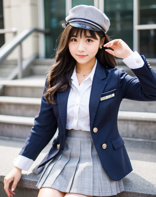 A high school girl wearing a white shirt, navy blue blazer and grey mini skirt