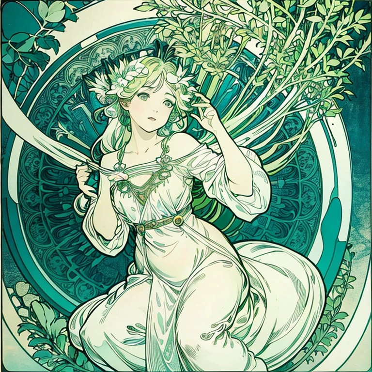 All pure white、A fantastical green and white world、Foliage plant、A beautiful woman lost in a land of plants、Surrounded by a forest of fantastic plants、Beautiful woman is an adventurer、Only the eyes are green