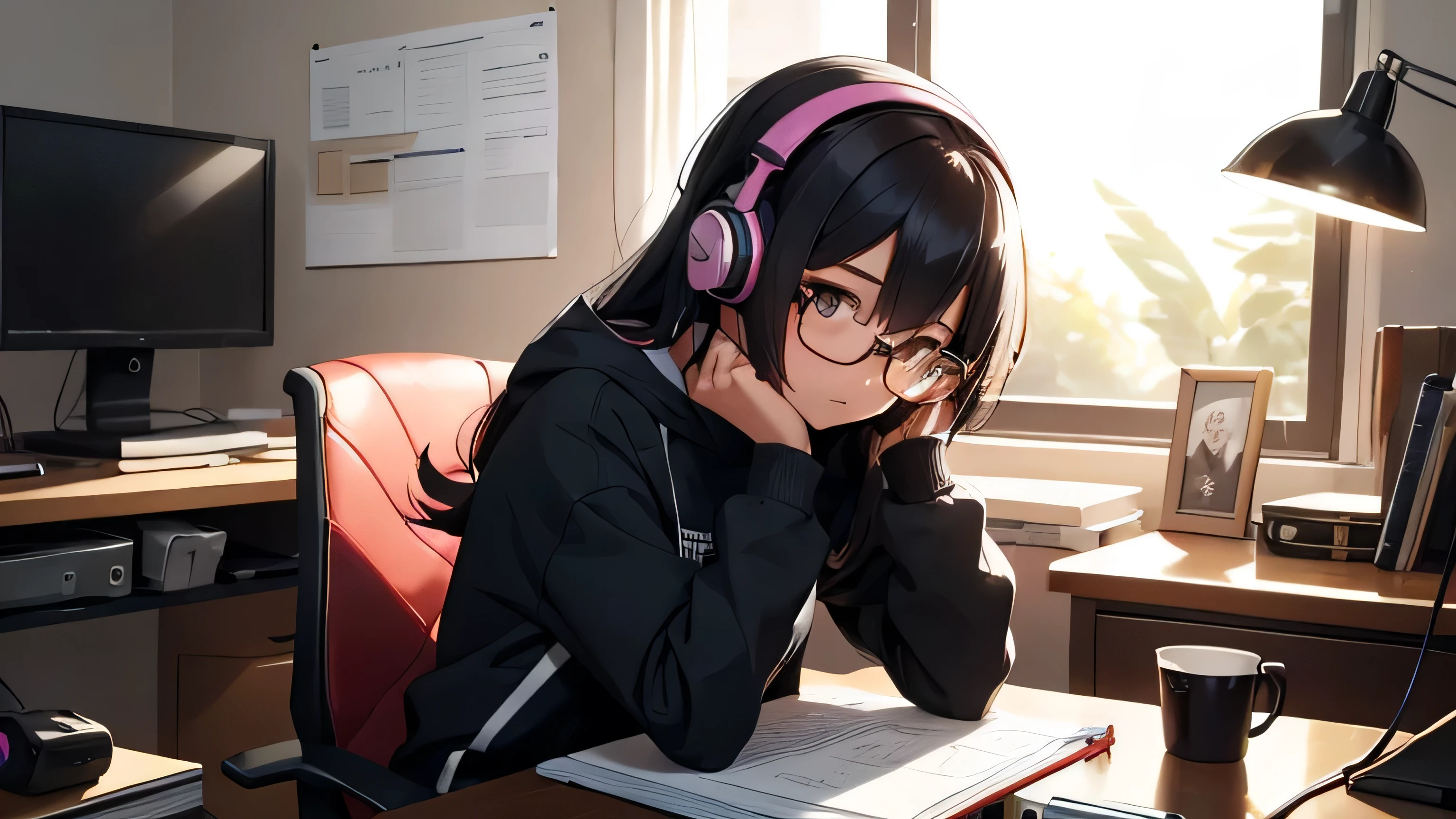 A 20th Generation girl, clad in casual attire, sits in front of a sleek computer with abook propped open before her. Her fingers tap gently on a penas she scribbles furious notes onto a stack of paper, her brow furrowed in deep concentration. The soft glow of the computer screen casts intriguing shadows across her face, framed by a pair of stylish glasses. Headphones hug her ears, suspending her in a cocoon of focused study amidst the cozy, clutter-free confines of her room.