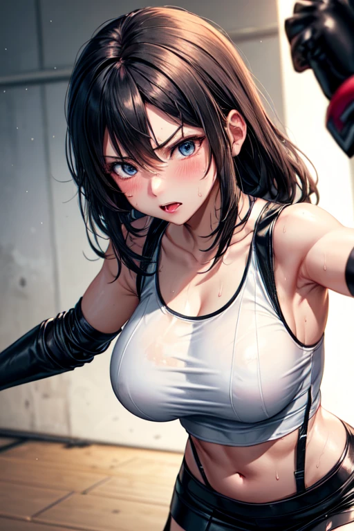 beautiful girl Best Style Fight the enemy anger Sweat Black Leather Gloves Combat Uniform Light clothing Martial Arts black leather skirt White Tank Top black garter belt Dirty face and clothes White liquihe body Black bra underneath a white tank top humiliation Naughty expression