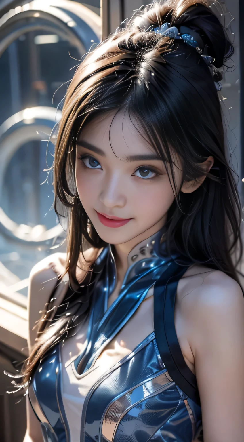 black hair, hair bobbles, wince, longeyelashes, solid circle eyes, light smile, ear blush, fang, Surrealism, drop shadow, anaglyph, stereogram, tachi-e, pov, atmospheric perspective, 8k, super detail, ccurate, best quality,Full picture, Seven-hit shooting, 18 years old, Wearing transparent sci-fi clothes, Exquisite face, detail, hand, ultimate detail, Stunning magnificence, LED interior lighting, Pedepin (Pedaipan) style, Fiber Hair, Glowing blue iris, Glowing blue iris. ,,